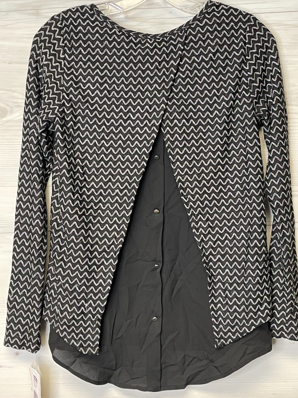 Three Pink Hearts Top XS Womens Black Silver Long Sleeve Lined Blouse