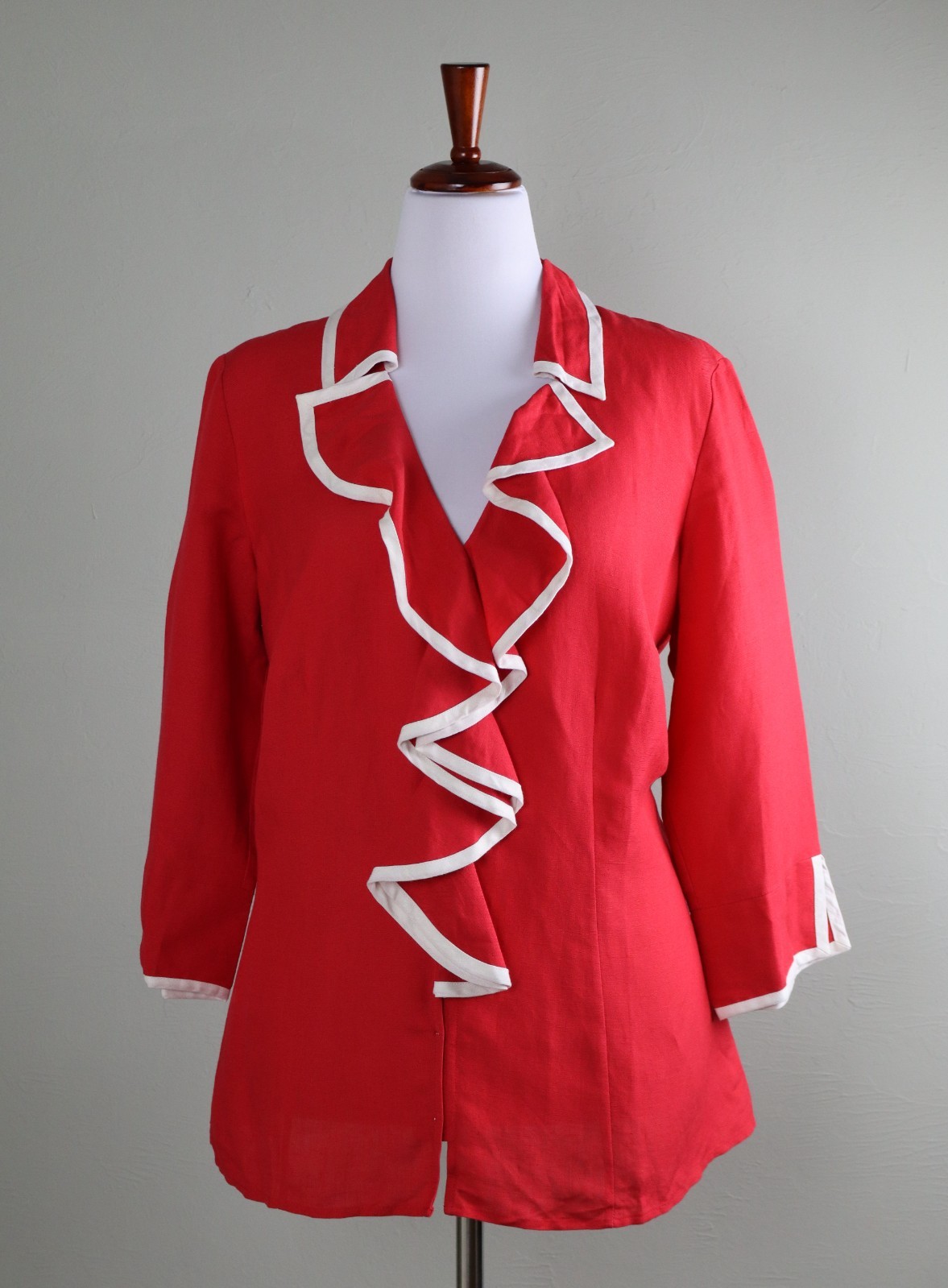 JG HOOK NEW Vintage Linen Contrast Collar Ruffle Shirt Blouse Top Size 18W