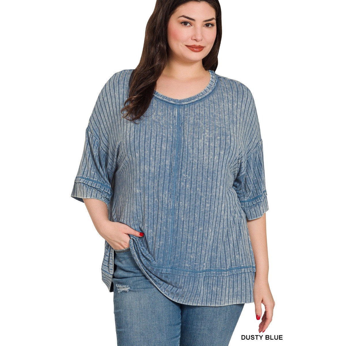 396-1X/2X Zenana Dusty Blue NWT Ribbed Drop Shoulder Half Sleeve Mineral Wash