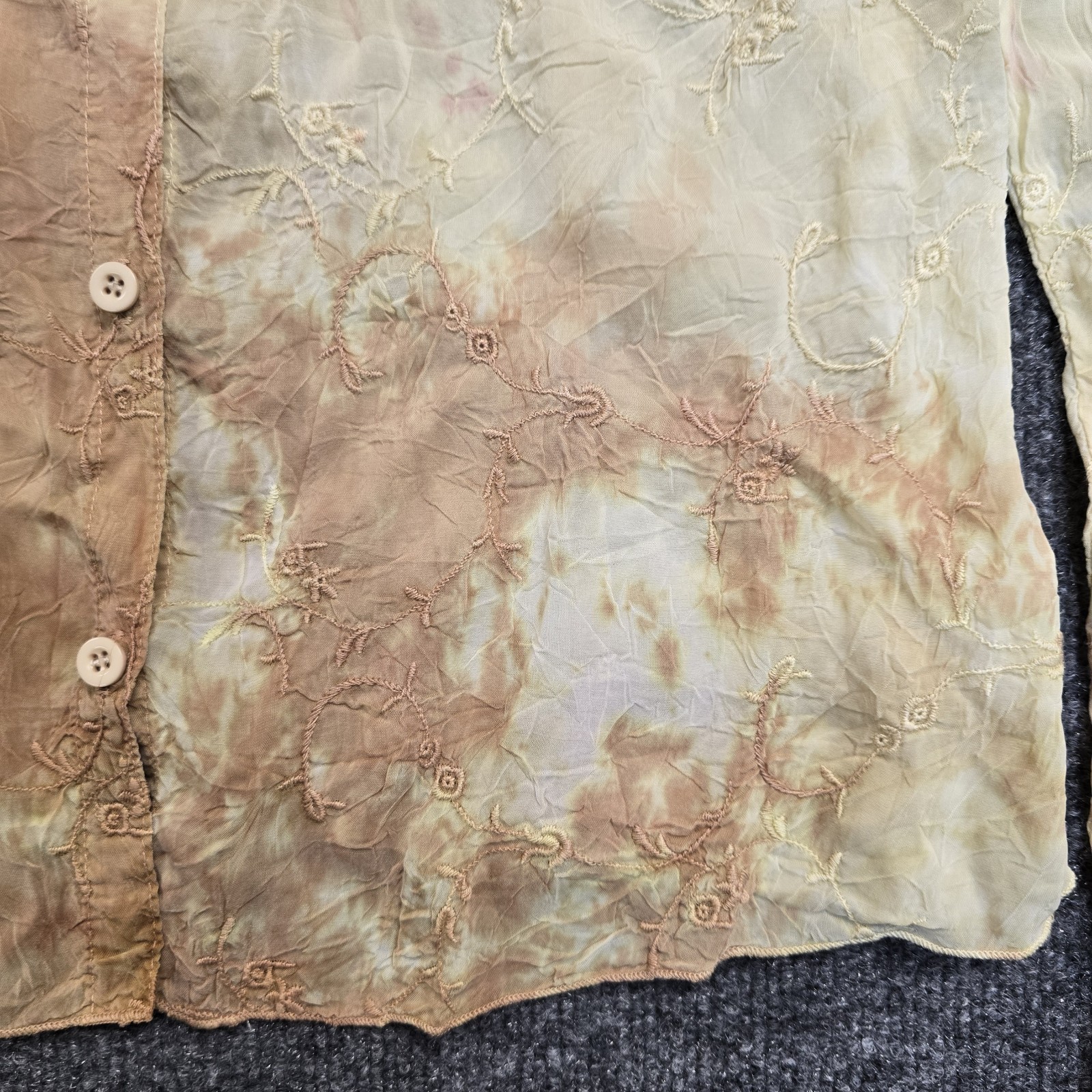 Vintage 90s Tie Dye Yellow Pink Floral Embroidered Button Down Size M Boho Fairy
