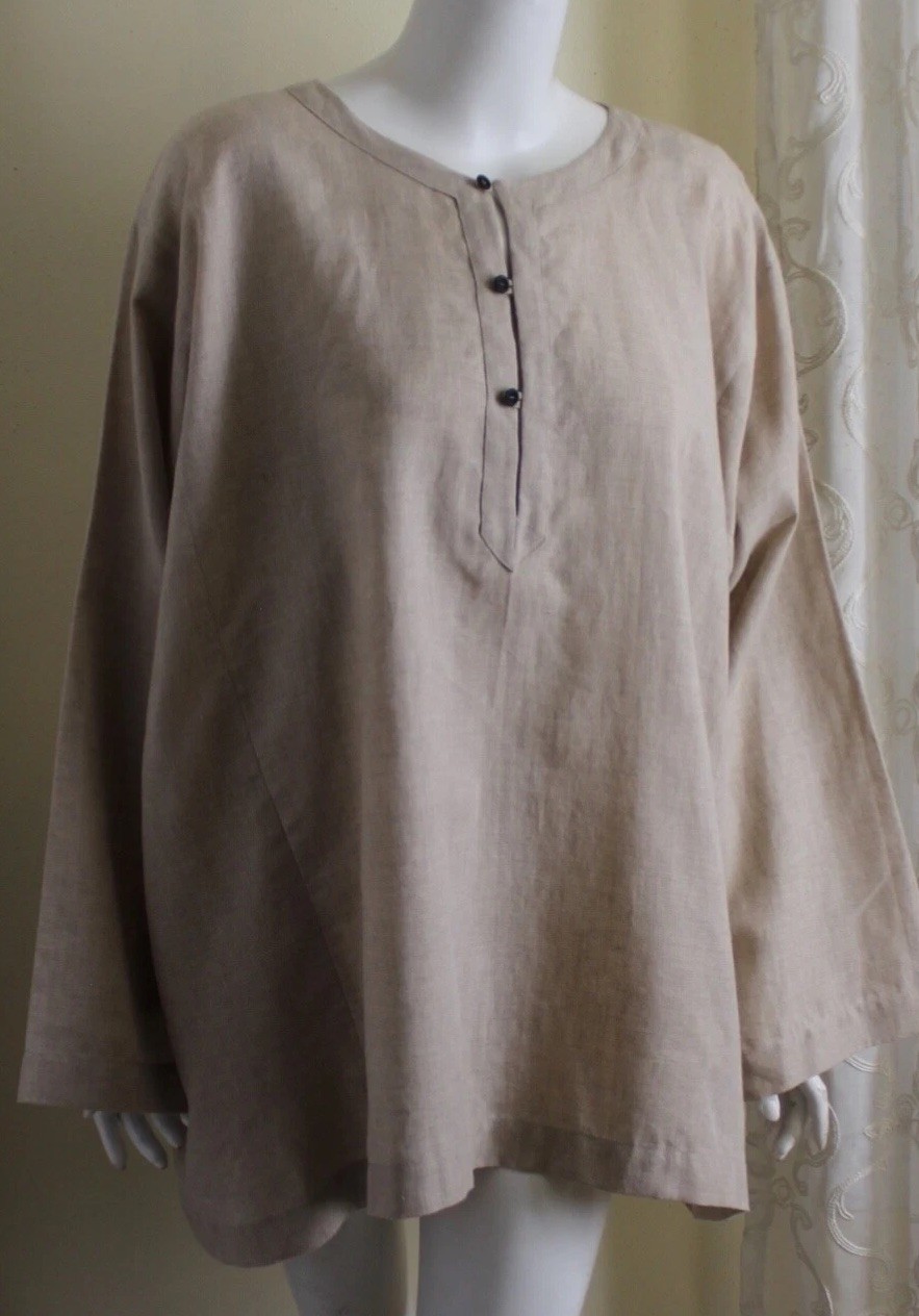Eskandar Sz 2 NATURAL Lux A-Line LINEN Peasant 30″ Long Tunic Shirt Blouse Top