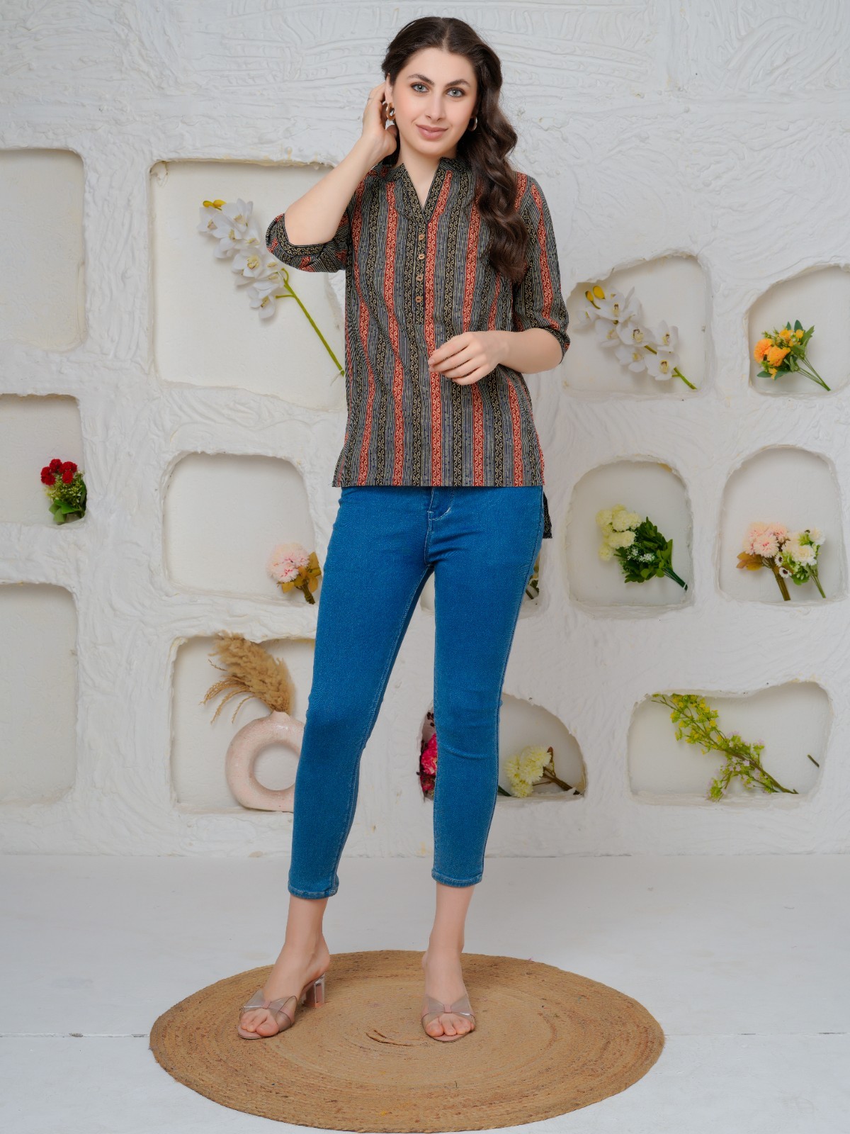 Short Kurtis for Women Pure Cotton Printed Mandarin Collar 3/4 Sleeve Tunic Top