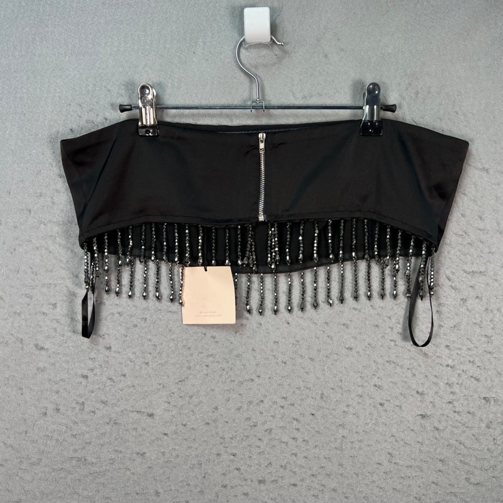 Superdown Large Black Strapless Crop Top With Beaded Fringe Trim & Back Zipper