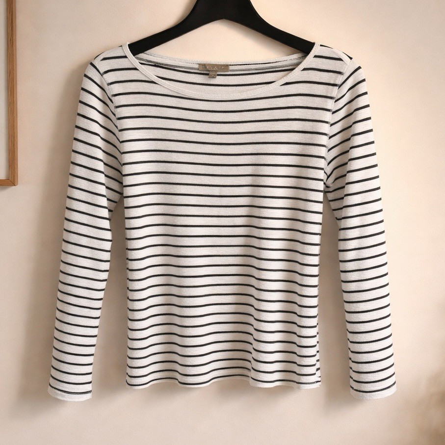 Lilla P White Black Striped Knit Scoop Neck Long Sleeve T-Shirt Top M
