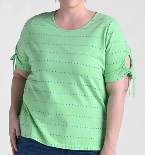 CJ Banks 2X Green Textured Dot striped tie short sleeve knit top NWT