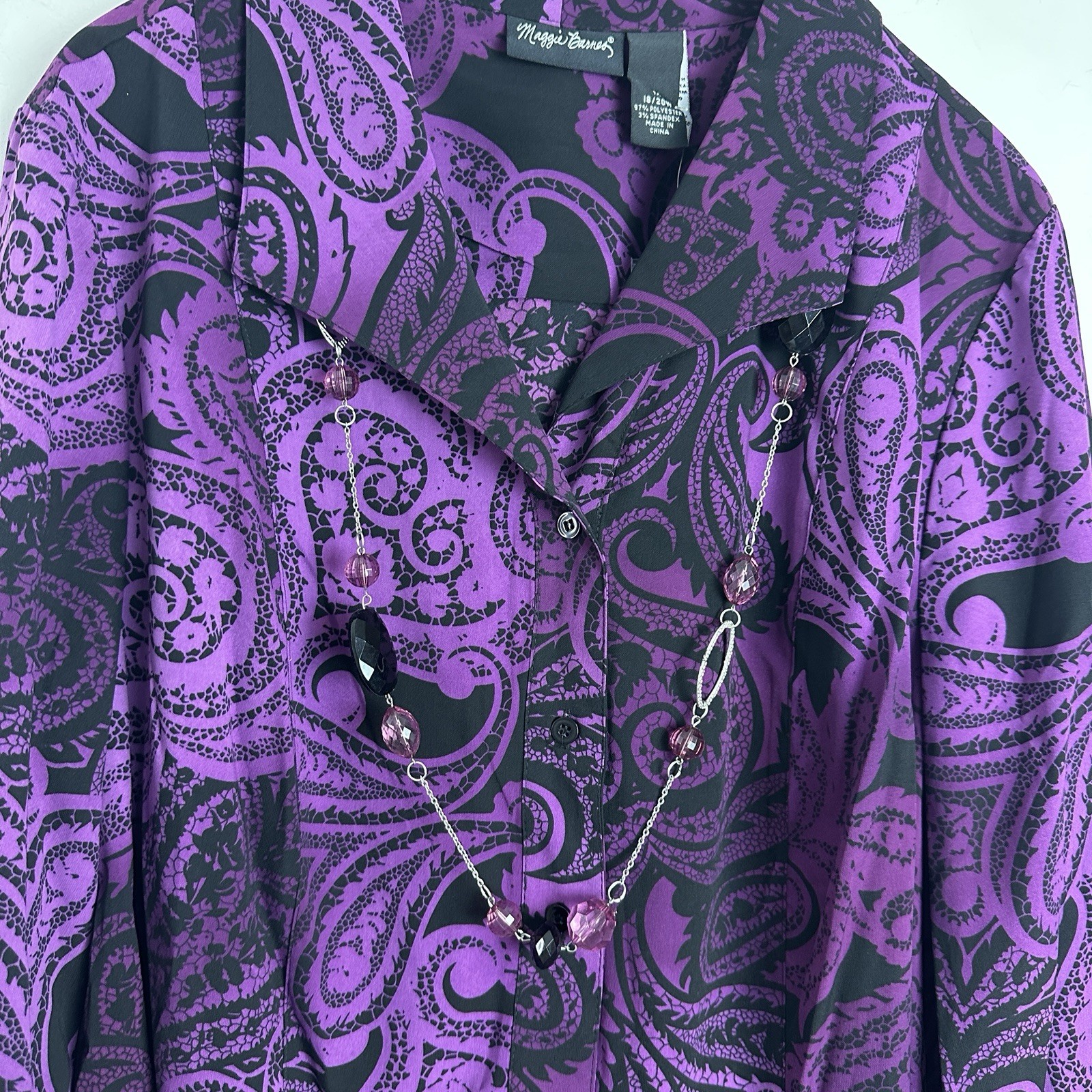 Maggie Barnes Womens Button Up Shirt 1X 18-20W Purple Black Paisley Beaded NWT