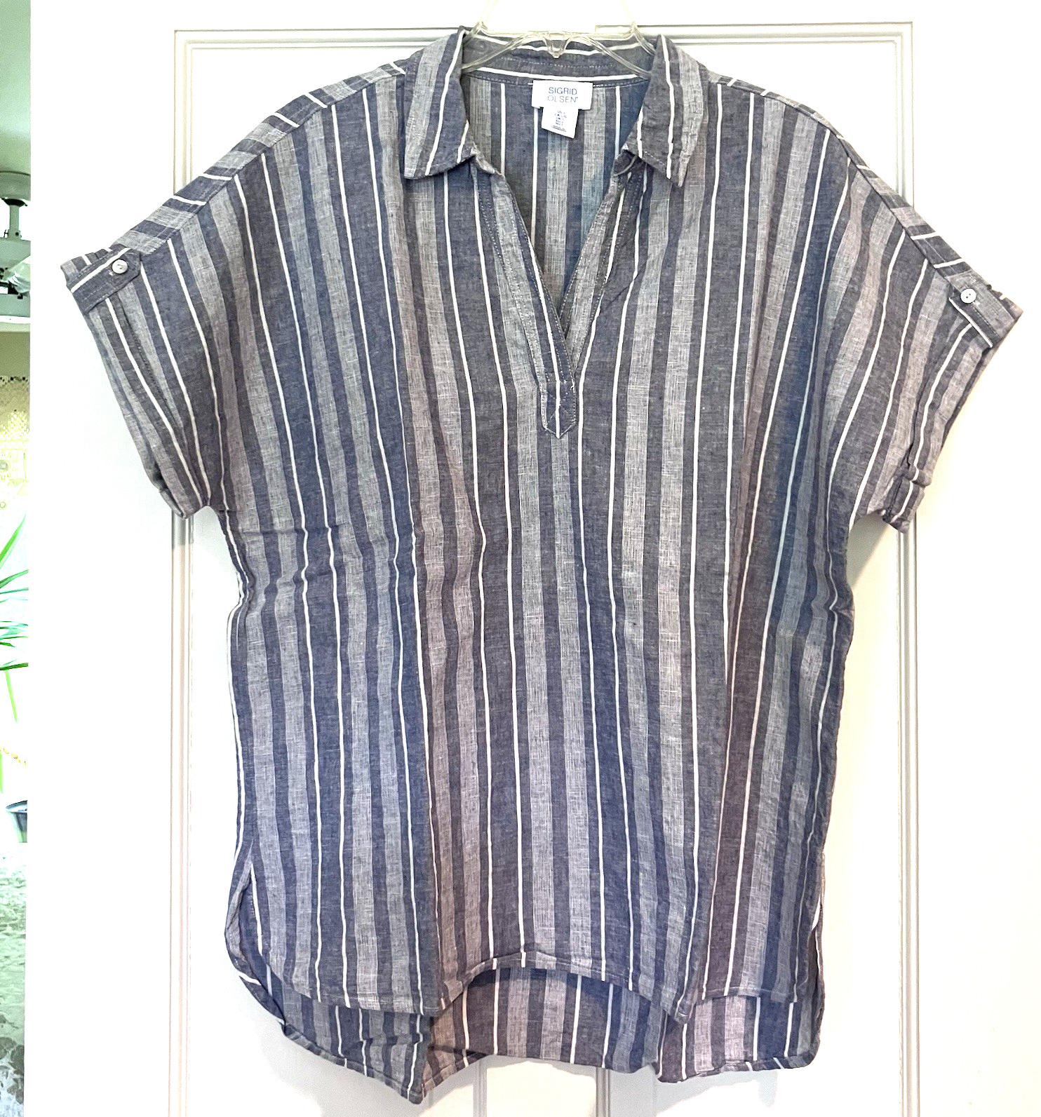 Sigred Olsen Women’s L Linen Blend V-Neck Blue Stripe Dolman Cuff Popover Shirt