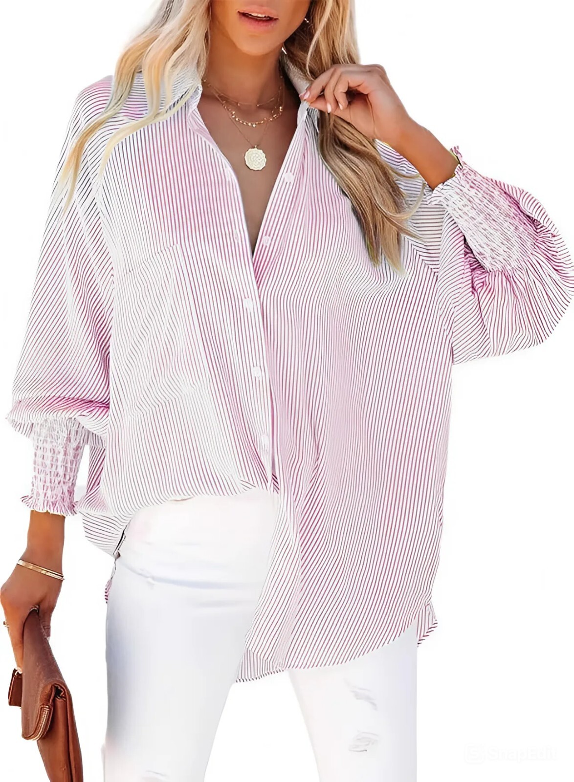Women’s S-2XL Pink Striped Blouse Mid-Length Smocked Shirt, Striped Lapel, Overs