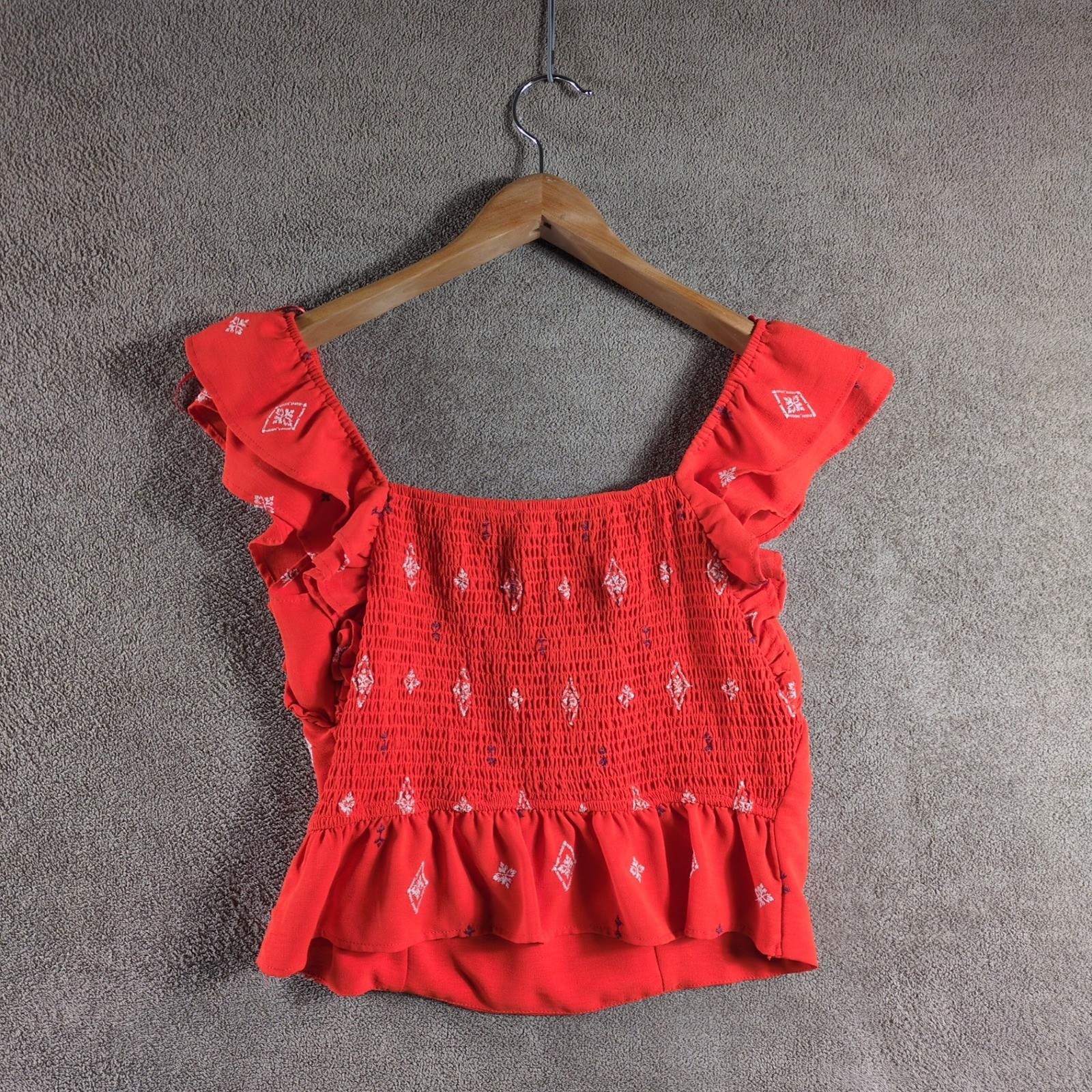 Sofia Jeans By Sofia Vergara Smocked Square Neck Ruffle Sleeve Crop Top Red L