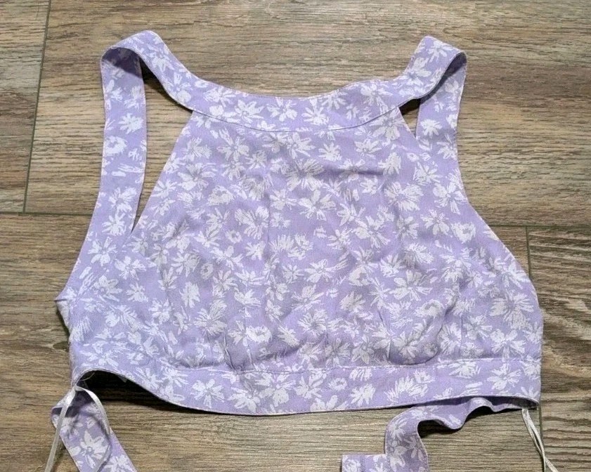 Pastel Lilac Daisy Halter Top Women Small Cropped Backless Wrap Tie Cottagecore