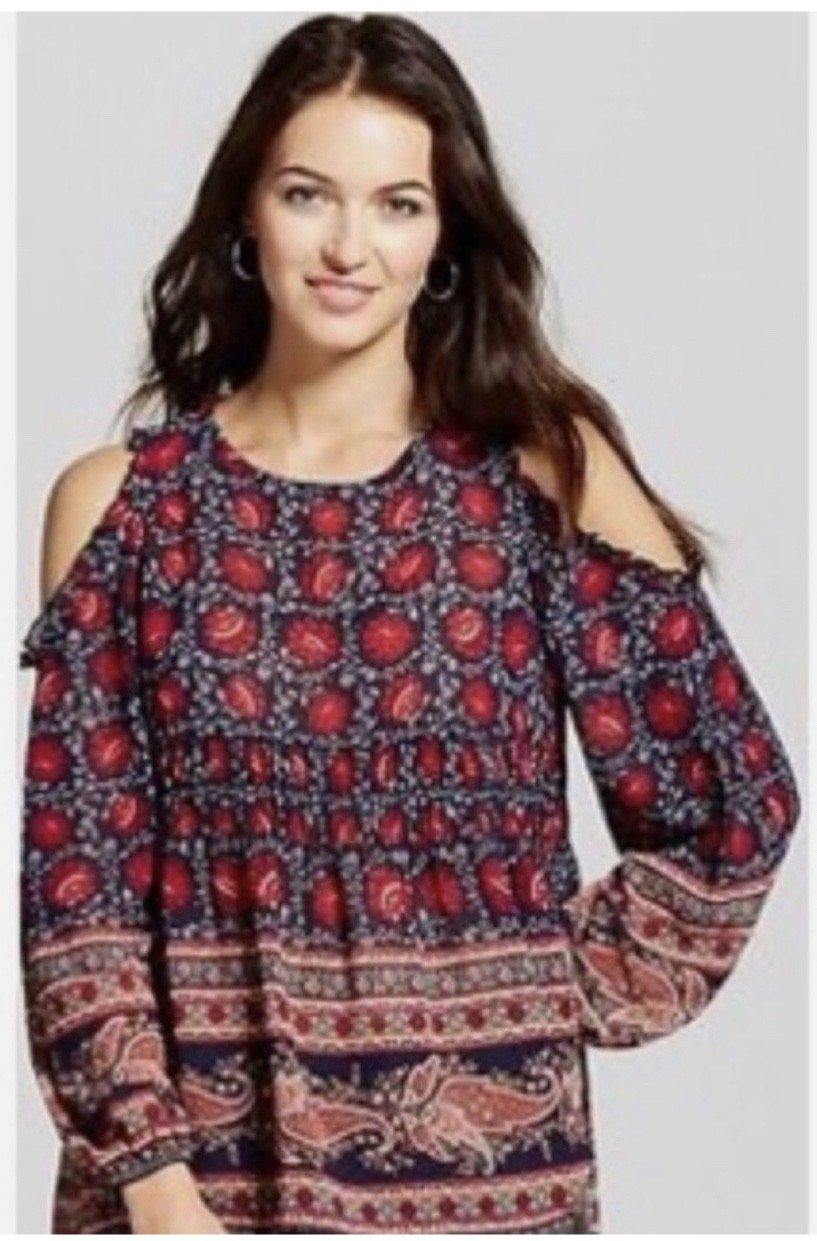 Knox Rose Cold Open Shoulder Ruffled Boho Floral Print Blouse Top ~XXL