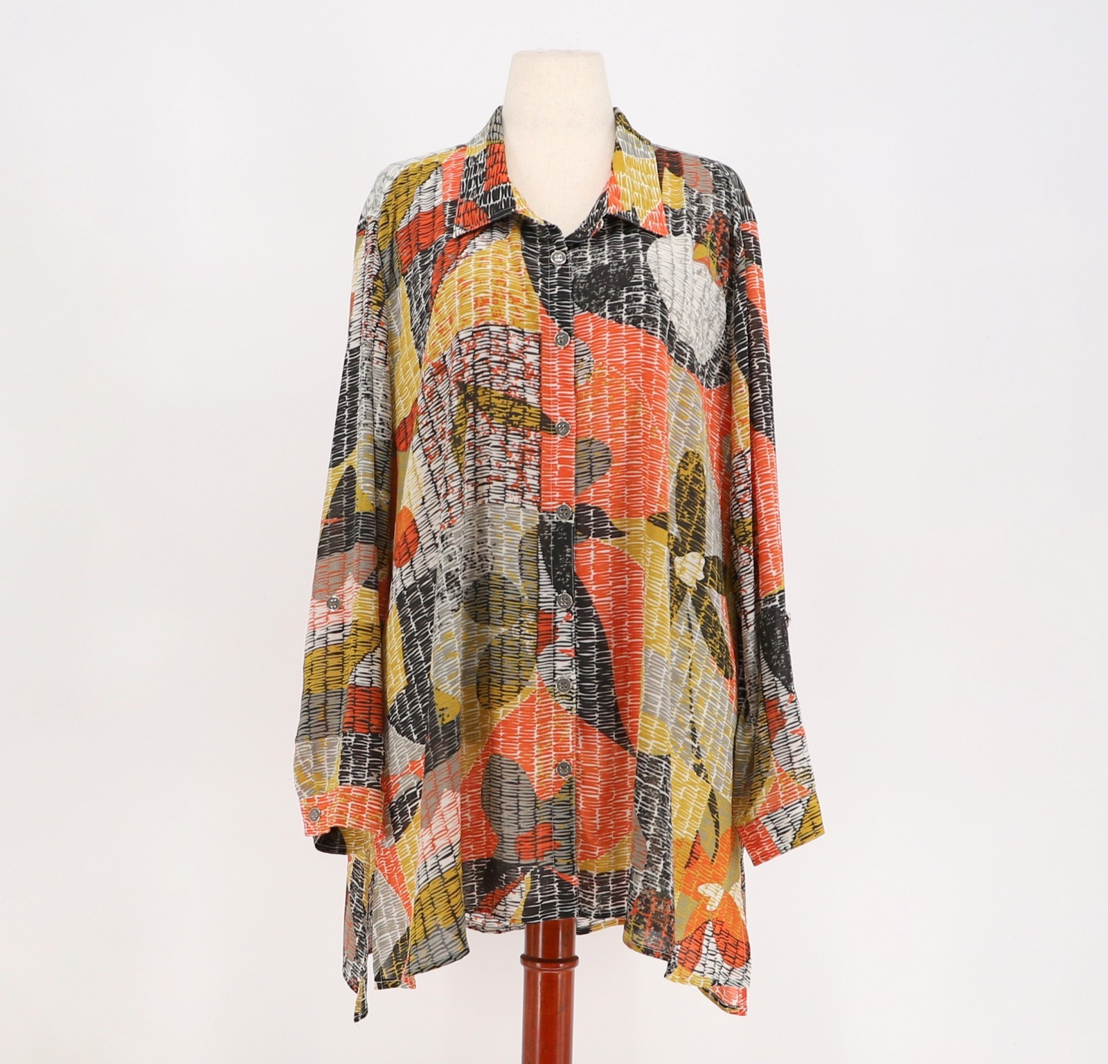 MULTIPLES Abstract Print Button Front Tunic Top Roll Tab Sleeve Size 3X