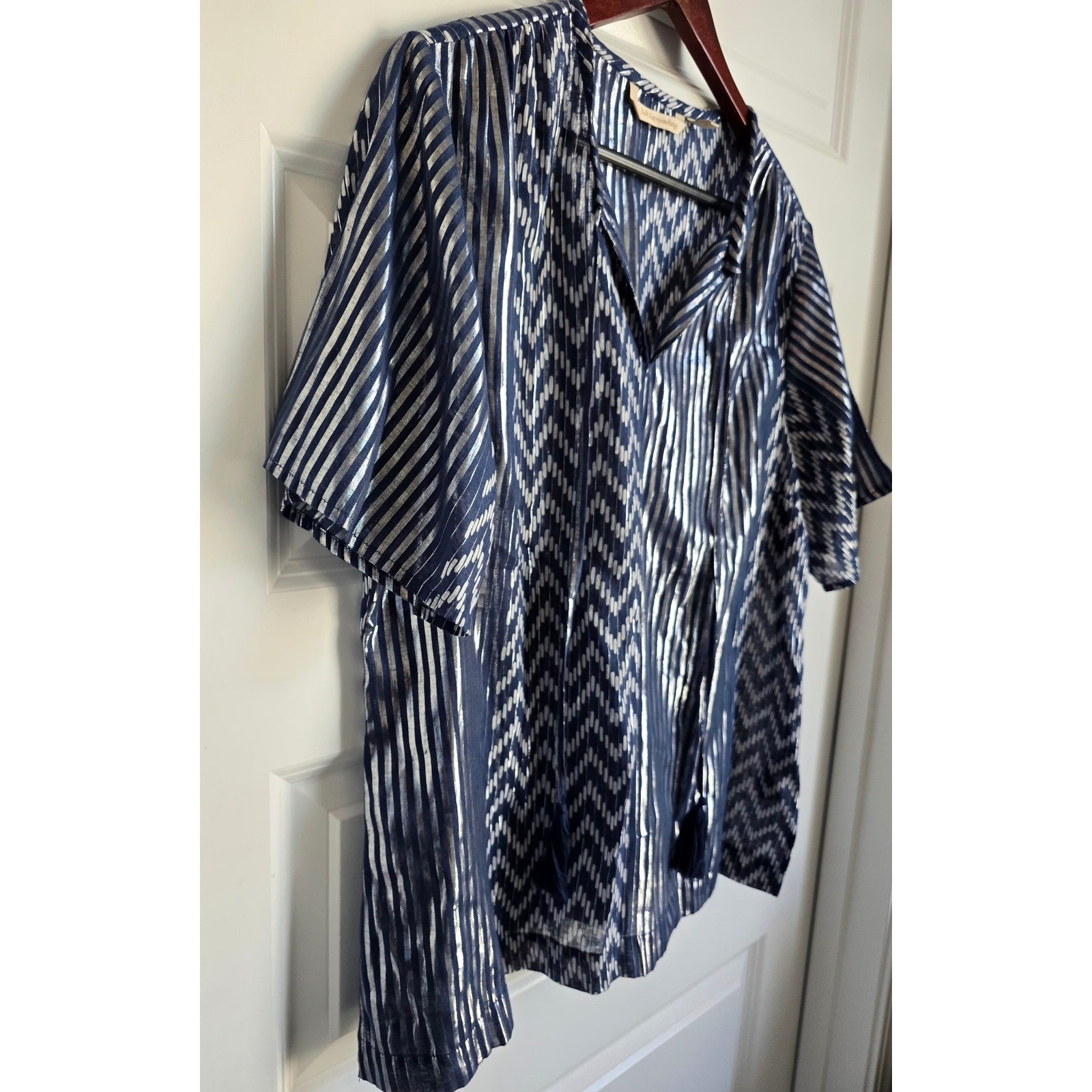 Soft Surroundings Blue Silver Metallic Ikat Tassel Tunic Top XL 2FZ83 Boho Mens
