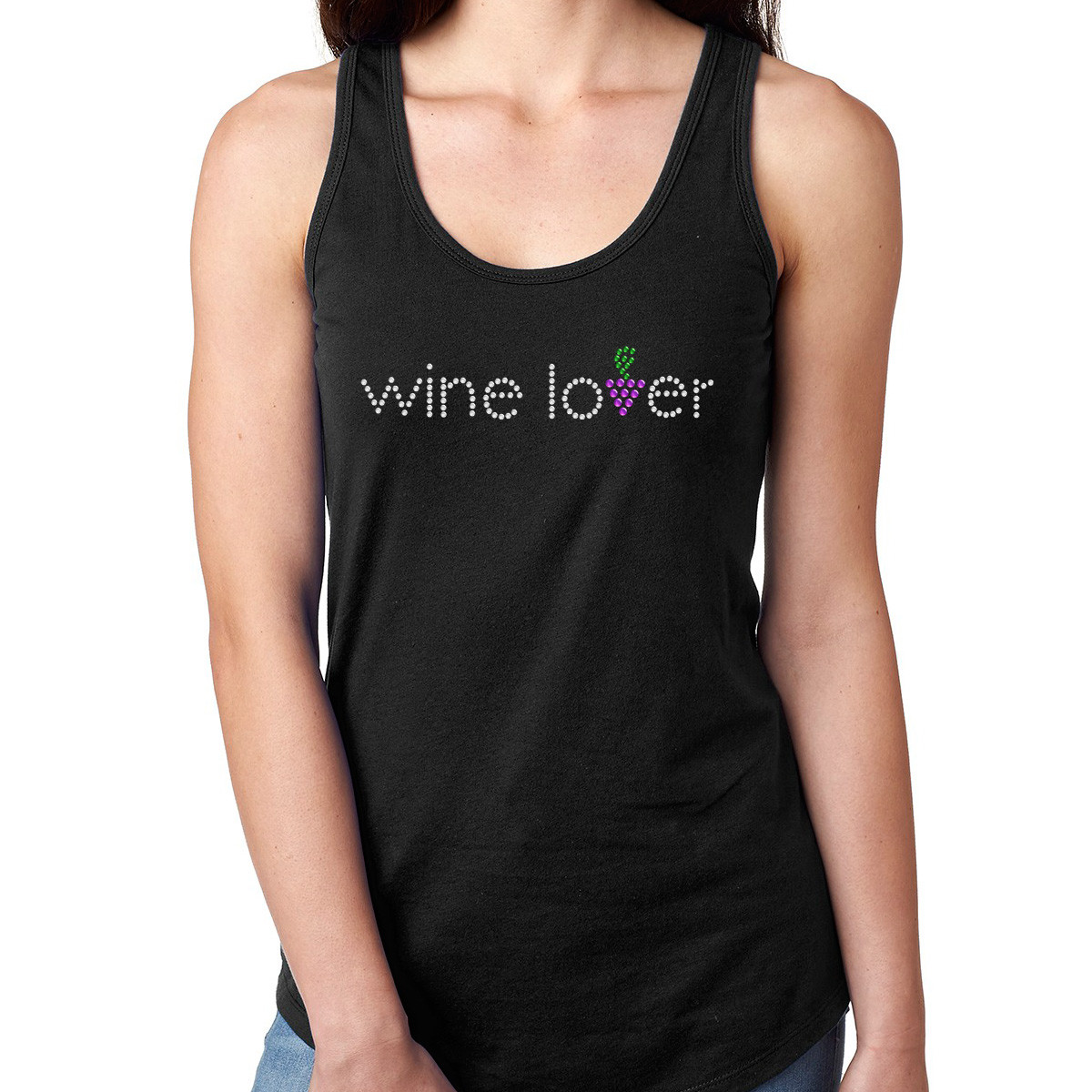 Womens T-Shirt Rhinestone Wear Bling Black Fitted Tee Wine Lover Grapes