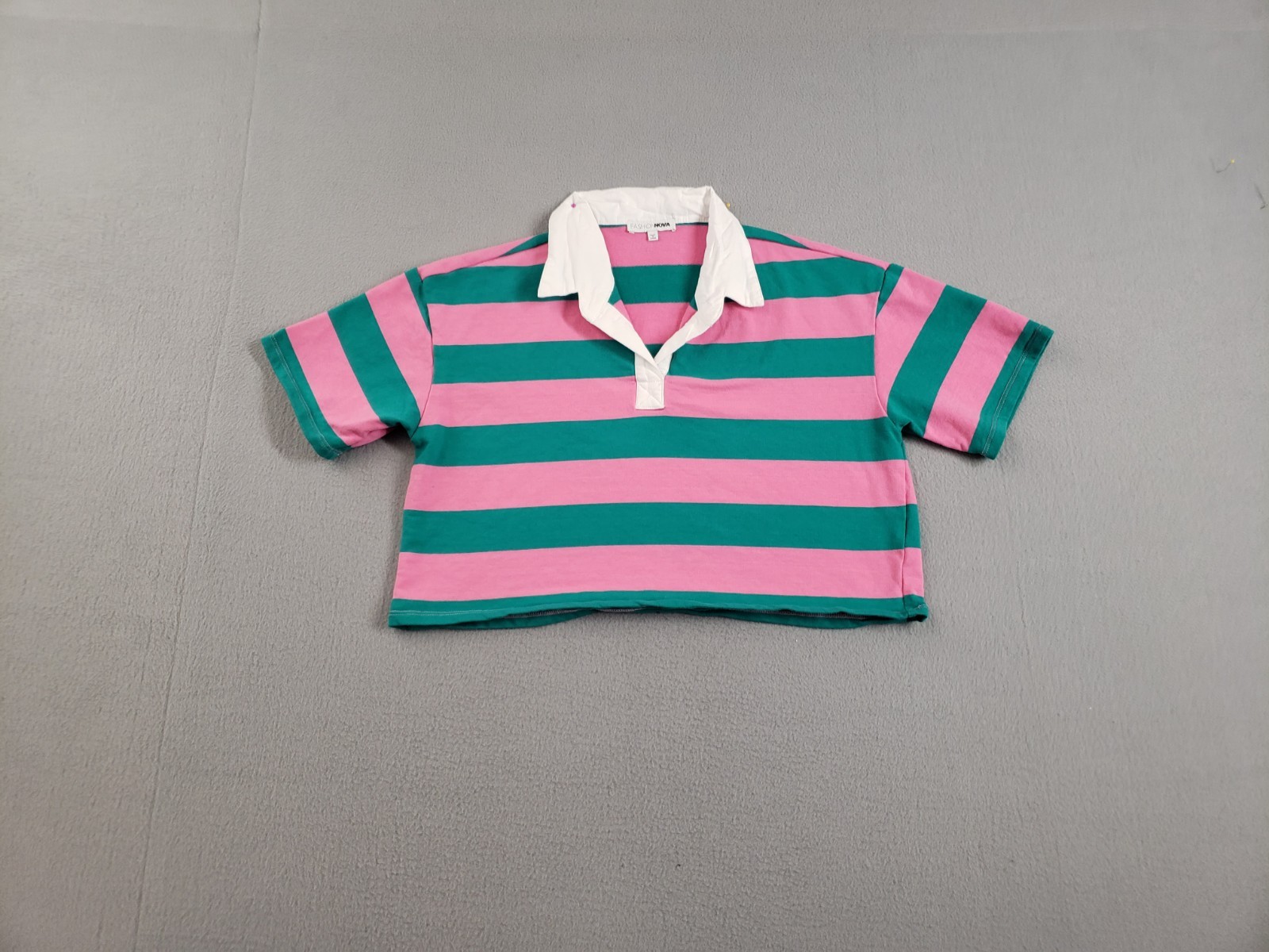 Fashion Nova Women Cropped Top L Multicolor Striped Collared Short Sleeve Casual