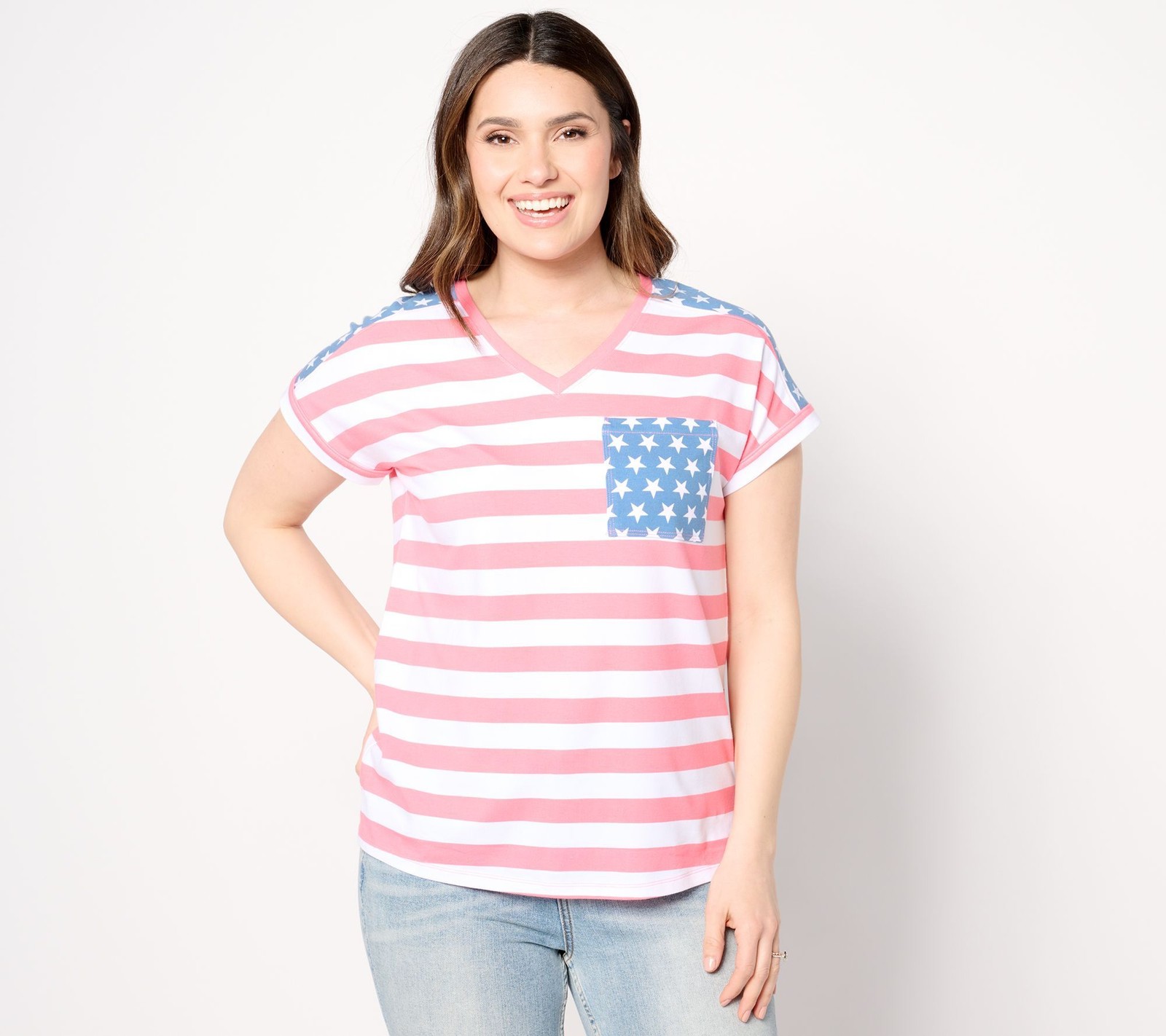Gloria Vanderbilt Women’s Top Sz L Denim & Co. Americana Printed Pink A649418