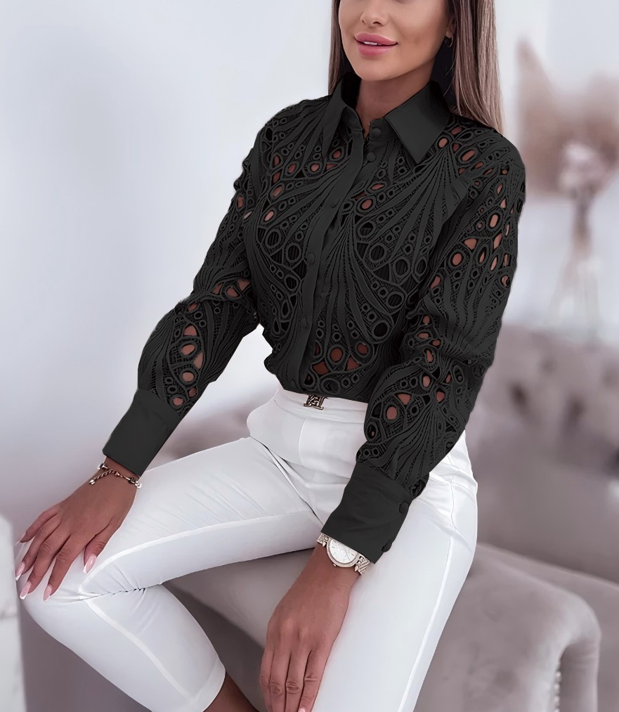 Blouses Hollowed Out Long Sleeved Shirt Solid Button Up Lapel Open Front Camisas
