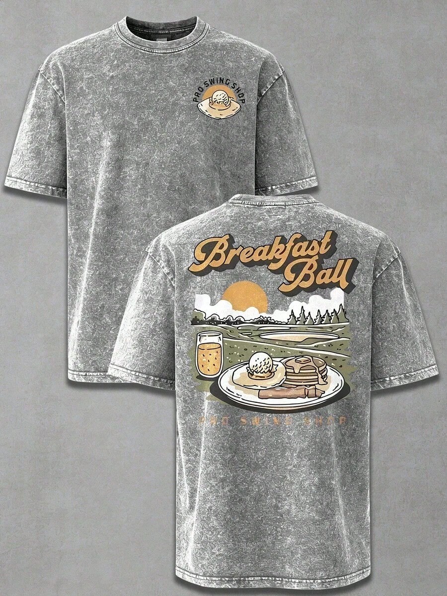 Breakfast Ball Golf Vintage Washed Grey Two Sided Graphic Print Cotton T-Shirt