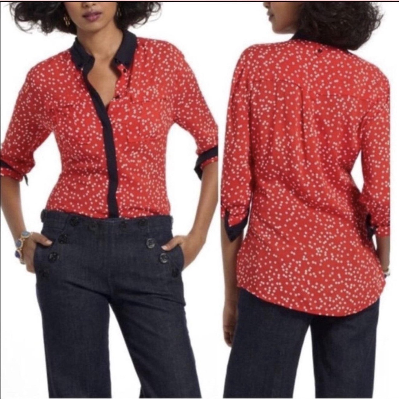Maeve Anthropologie Red Dot-Print Button-Up Blouse with Contrast Trim