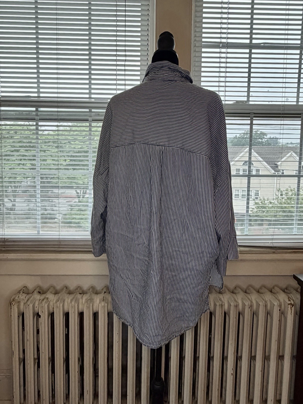 French Connection Blue and White Railroad Striped Tunic Collared Shirt