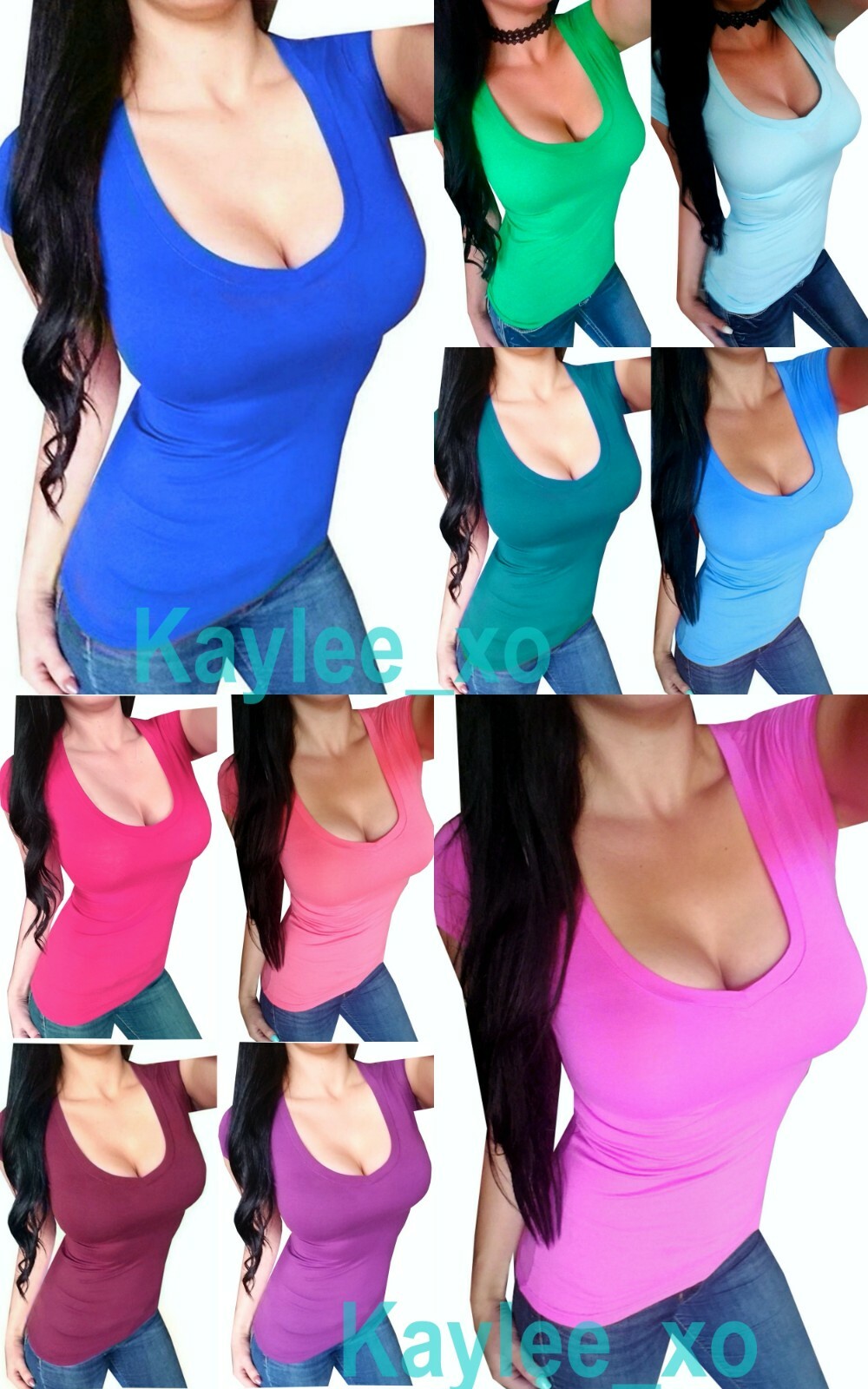 Sexy Women’s Deep V-Neck Fitted Cotton Short Sleeve Stretch Basic Tee Shirt Top