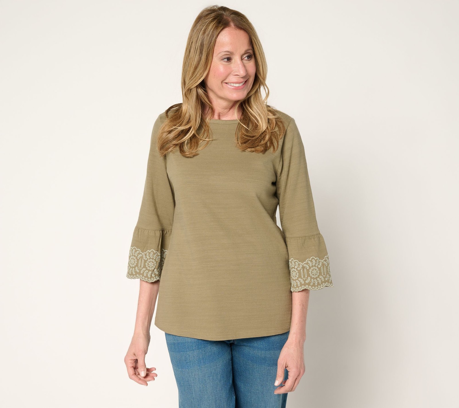 Gloria Vanderbilt Women’s Top Sz L Denim & Co. Textured Cotton Boat Green