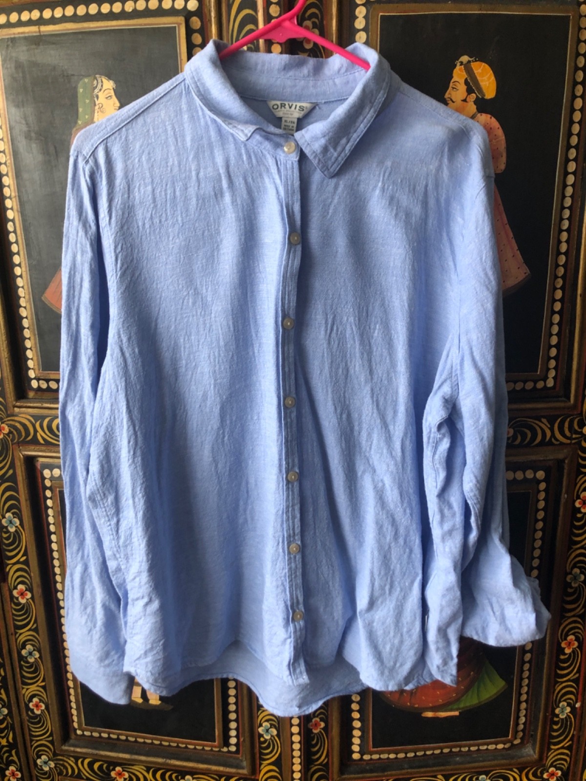 Orvis Shirt Womens SZ XL Blue Linen Blend Roll Tab Sleeves Classic Collection