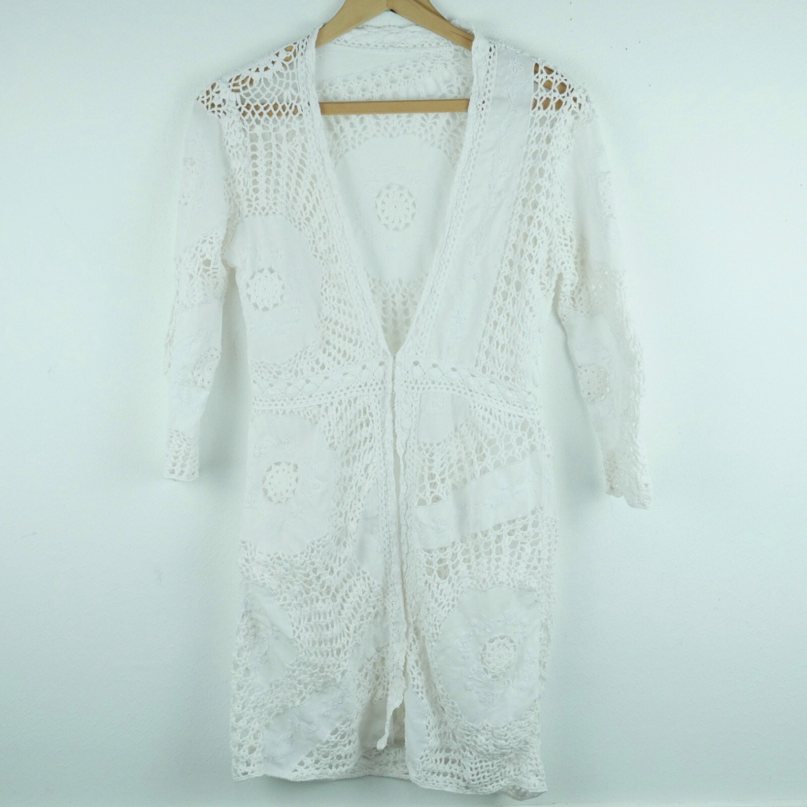 Crochet Cardigan XS S White Lace Embroidered Coastal Shabby Chic Boho Romantic