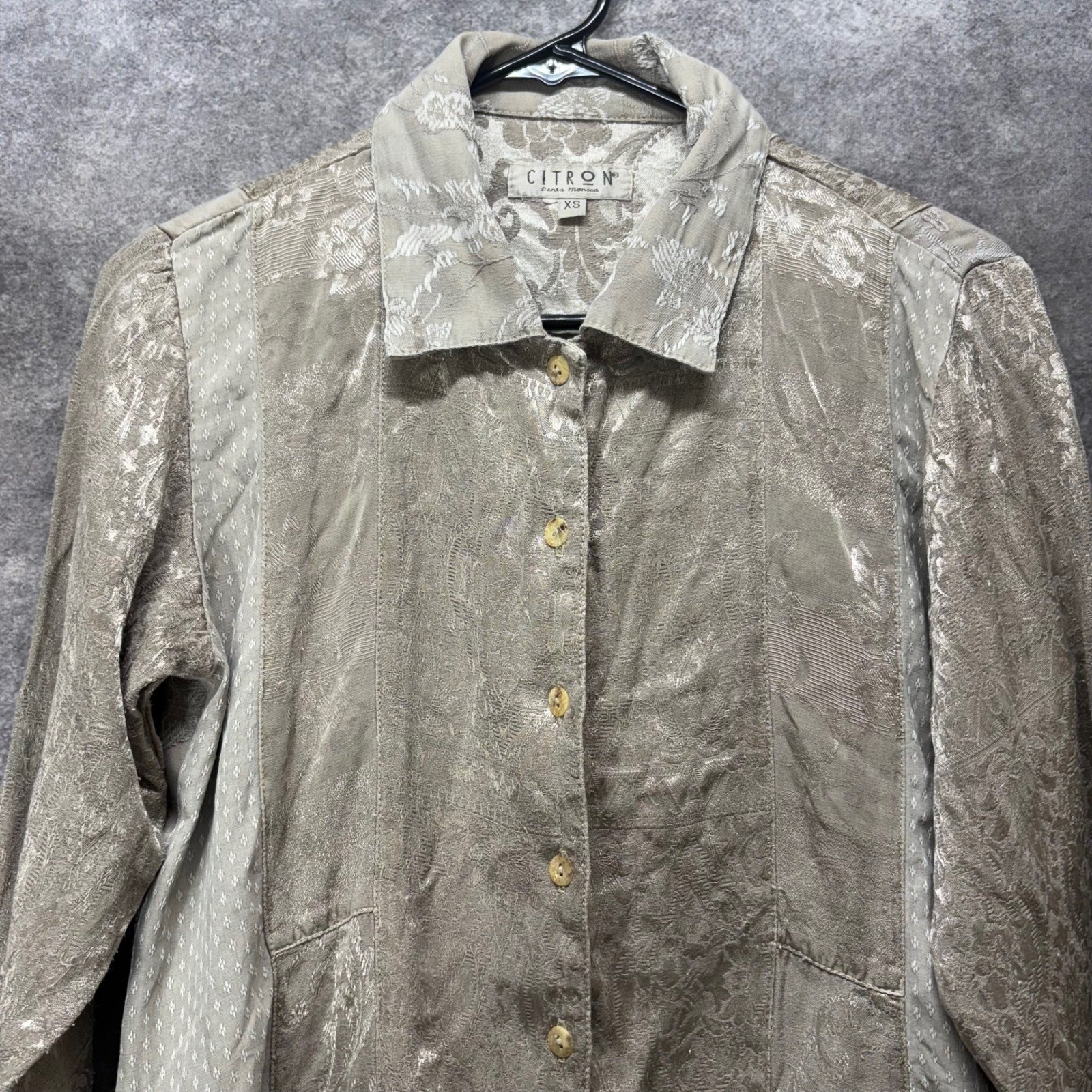 Citron Santa Monica Jacquard Brocade Button Up Blouse Size XS Mixed Media Floral