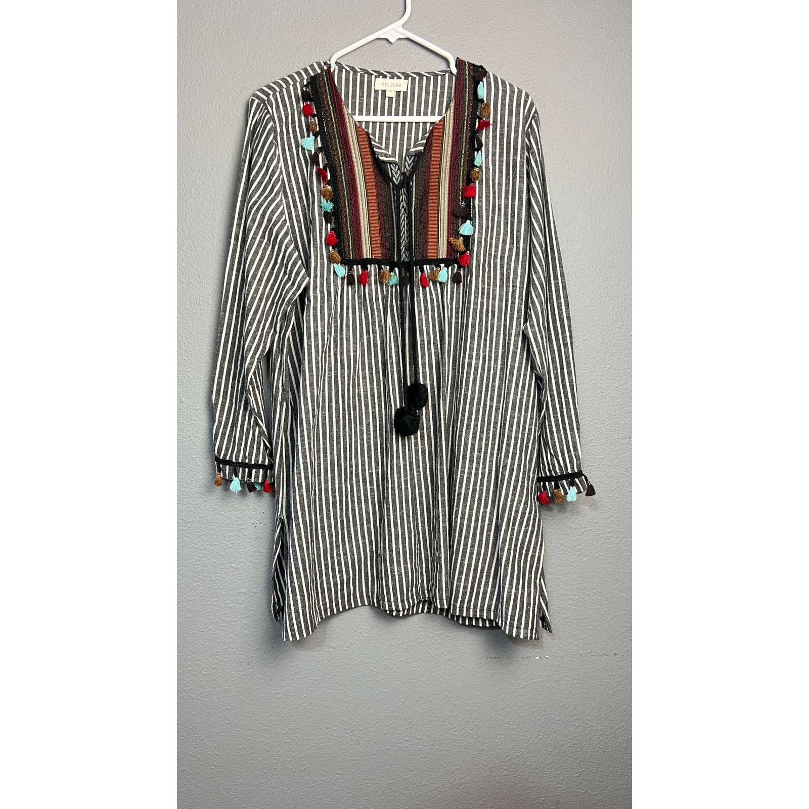 Velzera Womens 1XL Black White Striped Boho Tunic Top Tassel Embroidered Bib