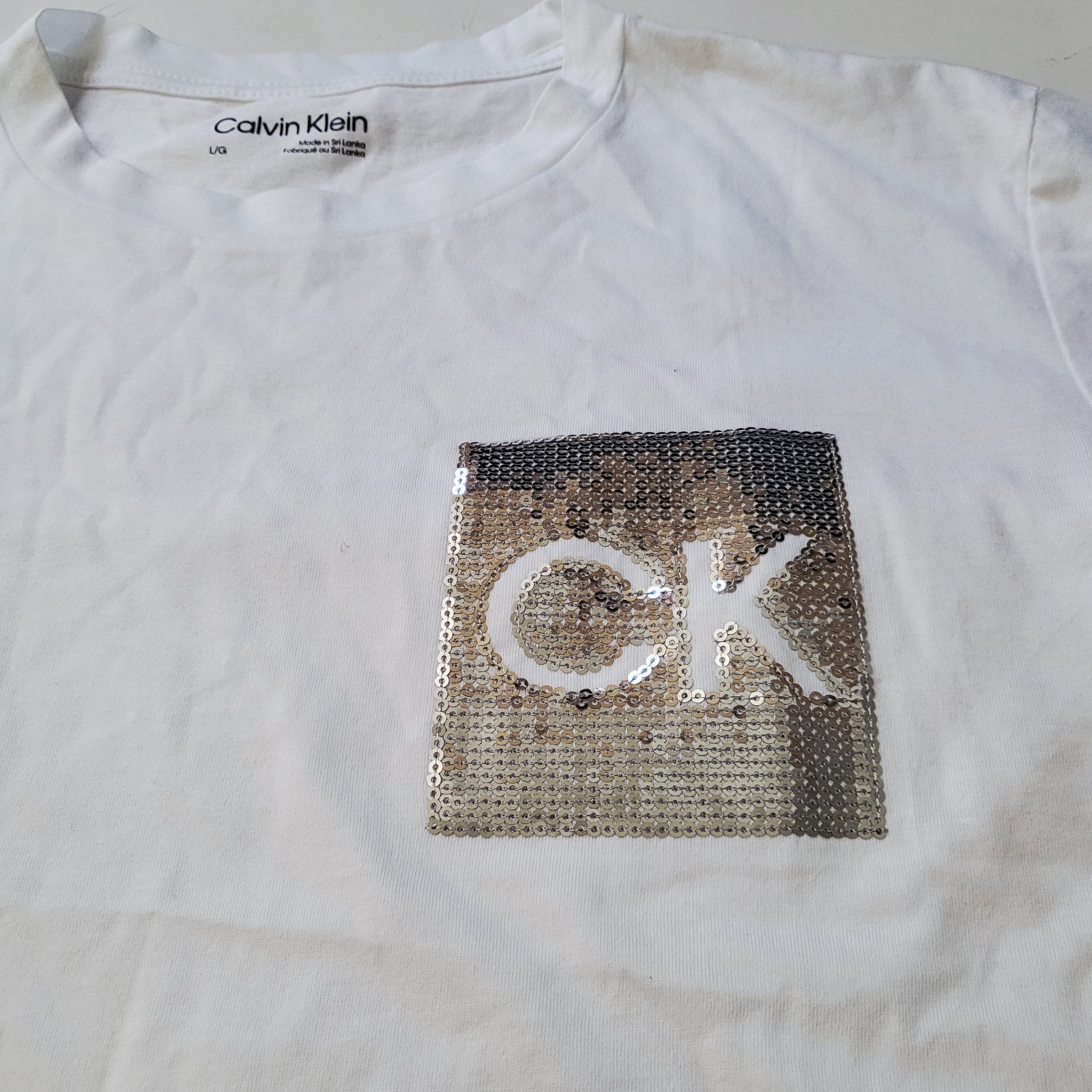 Womens CALVIN KLEIN Rhinestone Logo T-shirt Size S M L XL Pink White