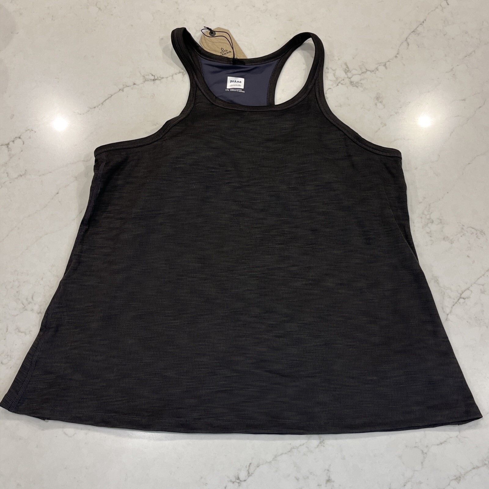 PrAna Becksa Tank Plus Black Heather 1X UPF 50 Shelf Bra Compression Stretch NWT