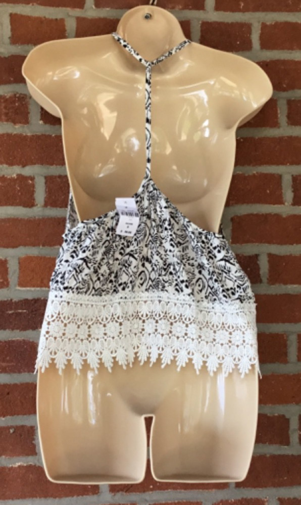 NWT LF NAANAA Black & Creme Abstract Sleeveless Halter Top Size S MSRP $96.00