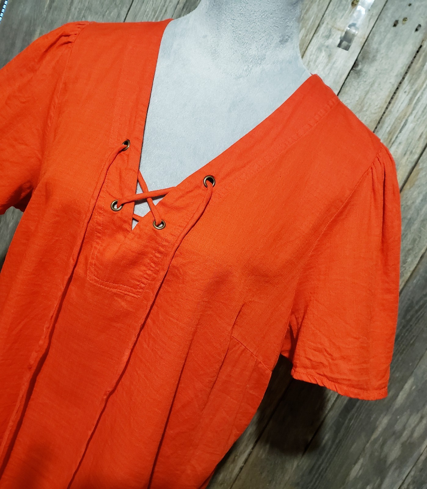 Knox Rose L Top Orange Red Lace Up Flutter Peasant Boho Casual Chic Poet