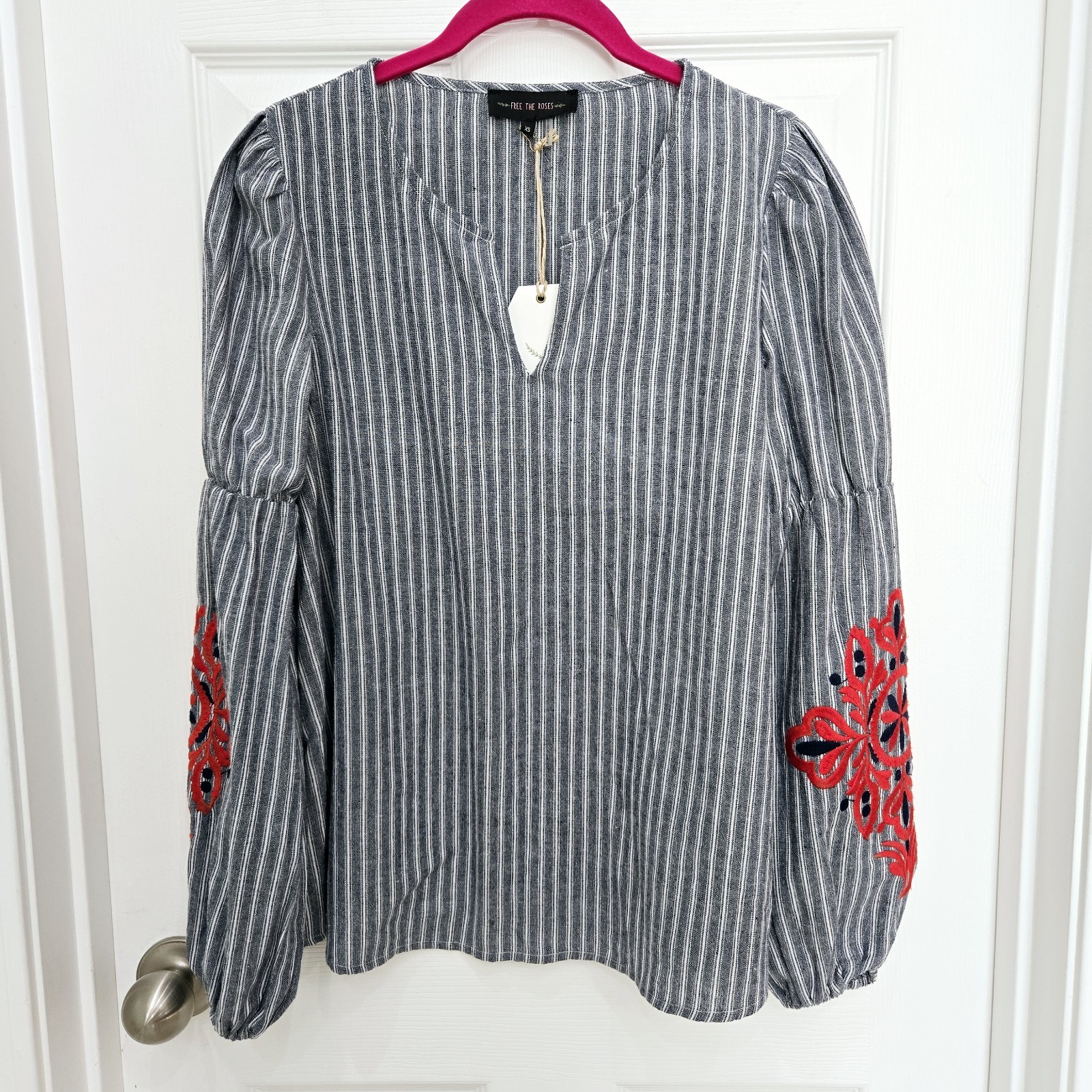 Free The Roses Blue Stipe Embroidered Top Size XS Boho Peasant Cottagecore