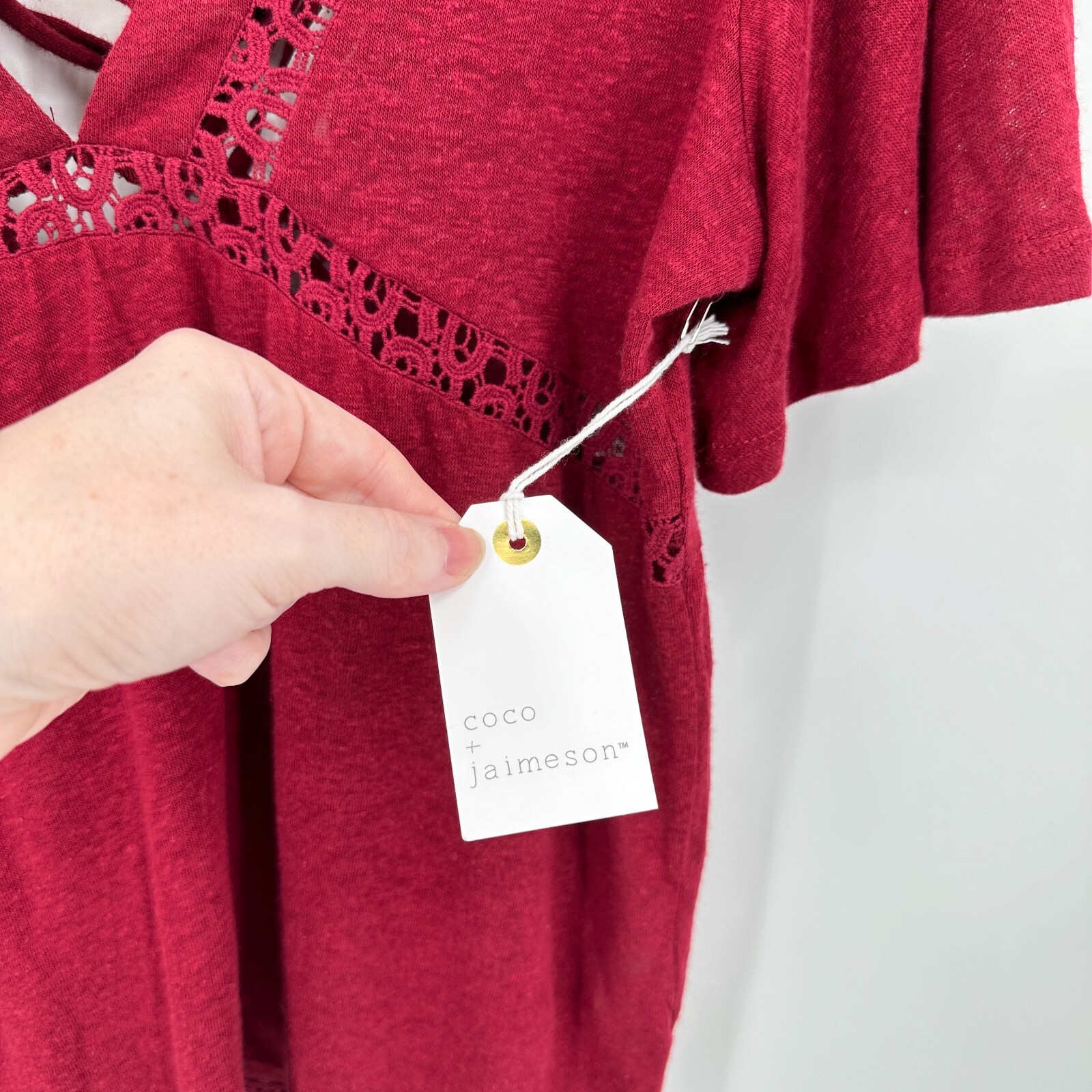 Coco + Jaimeson Top Womens M Red Flutter Sleeve Lace Up Blouse Minimalist NWT