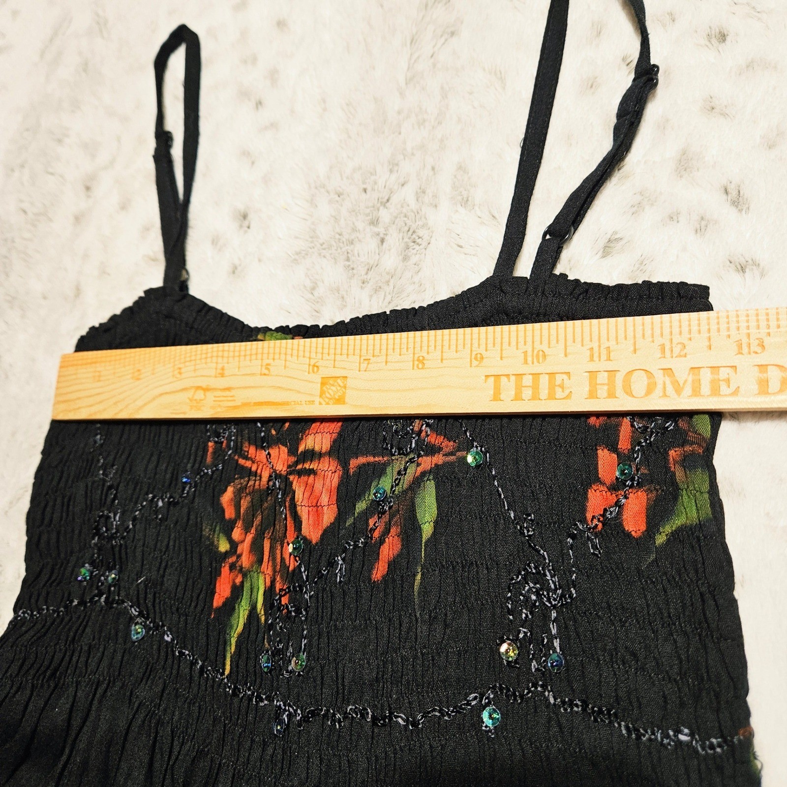 Boho Y2K Black Floral Smocked Sequin Camisole Top S Fairycore Beachy Festival