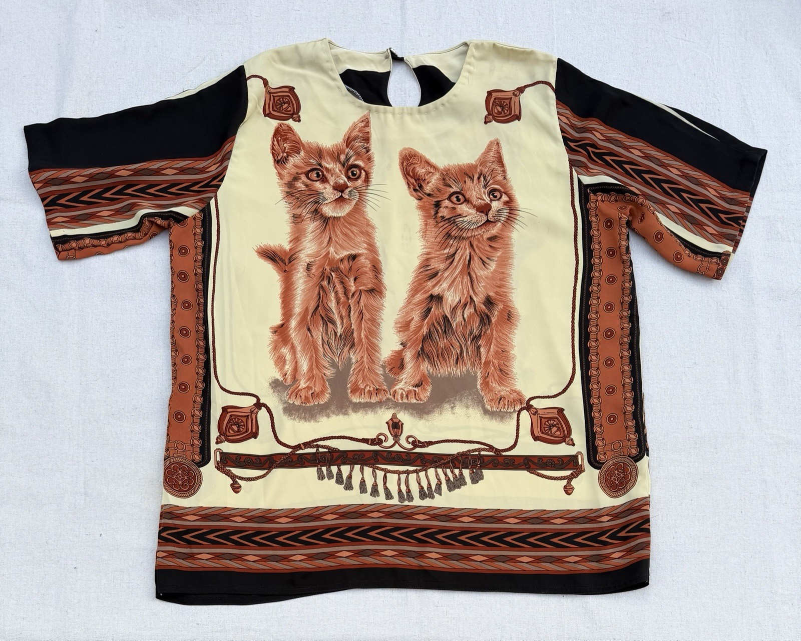 Vtg Cute Kittens Print Blouse Top Shirt Baroque Cat Lady Mom Festival