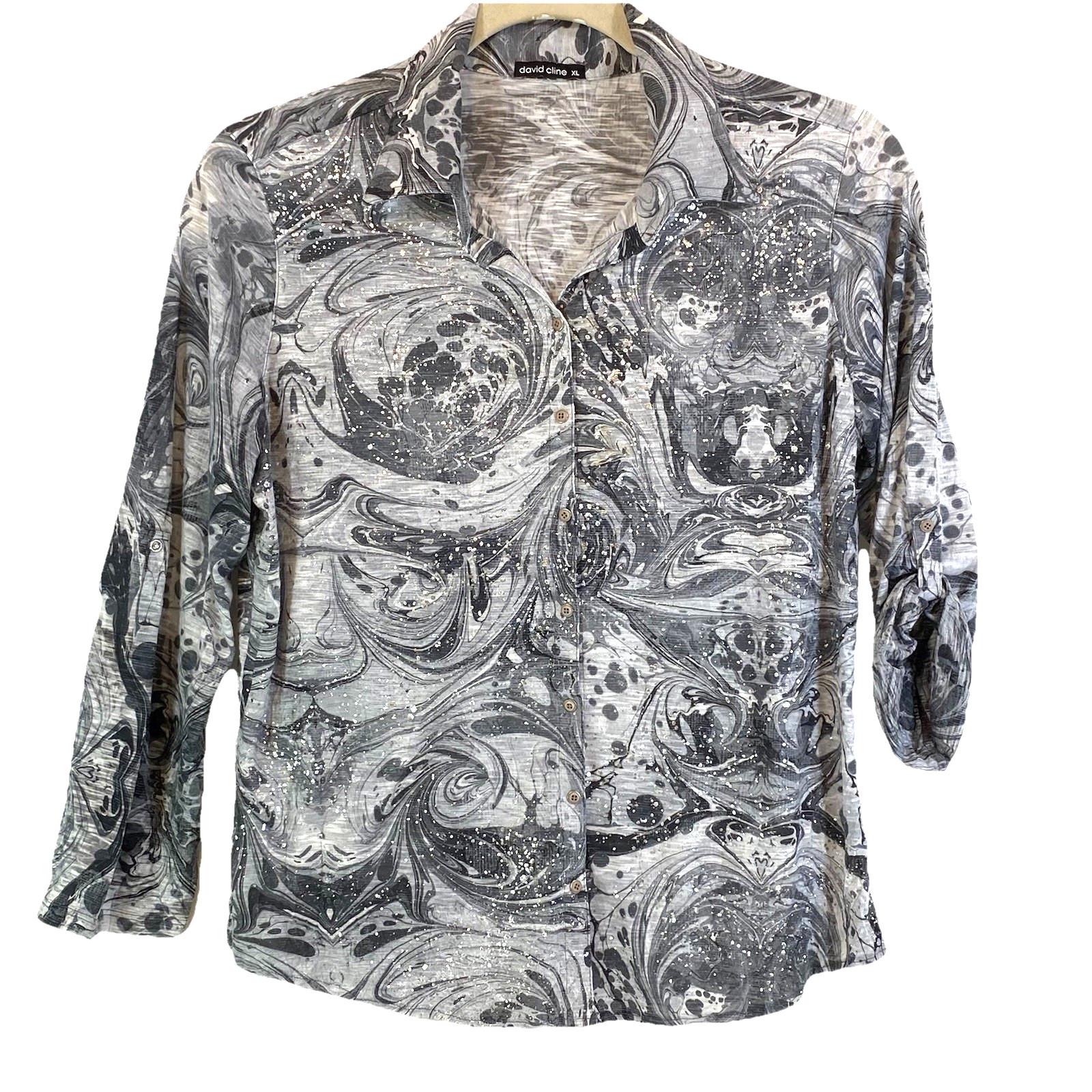 David Cline XL Top Snap Front Collar Long Sleeve Roll Tabs Gray Swirls USA