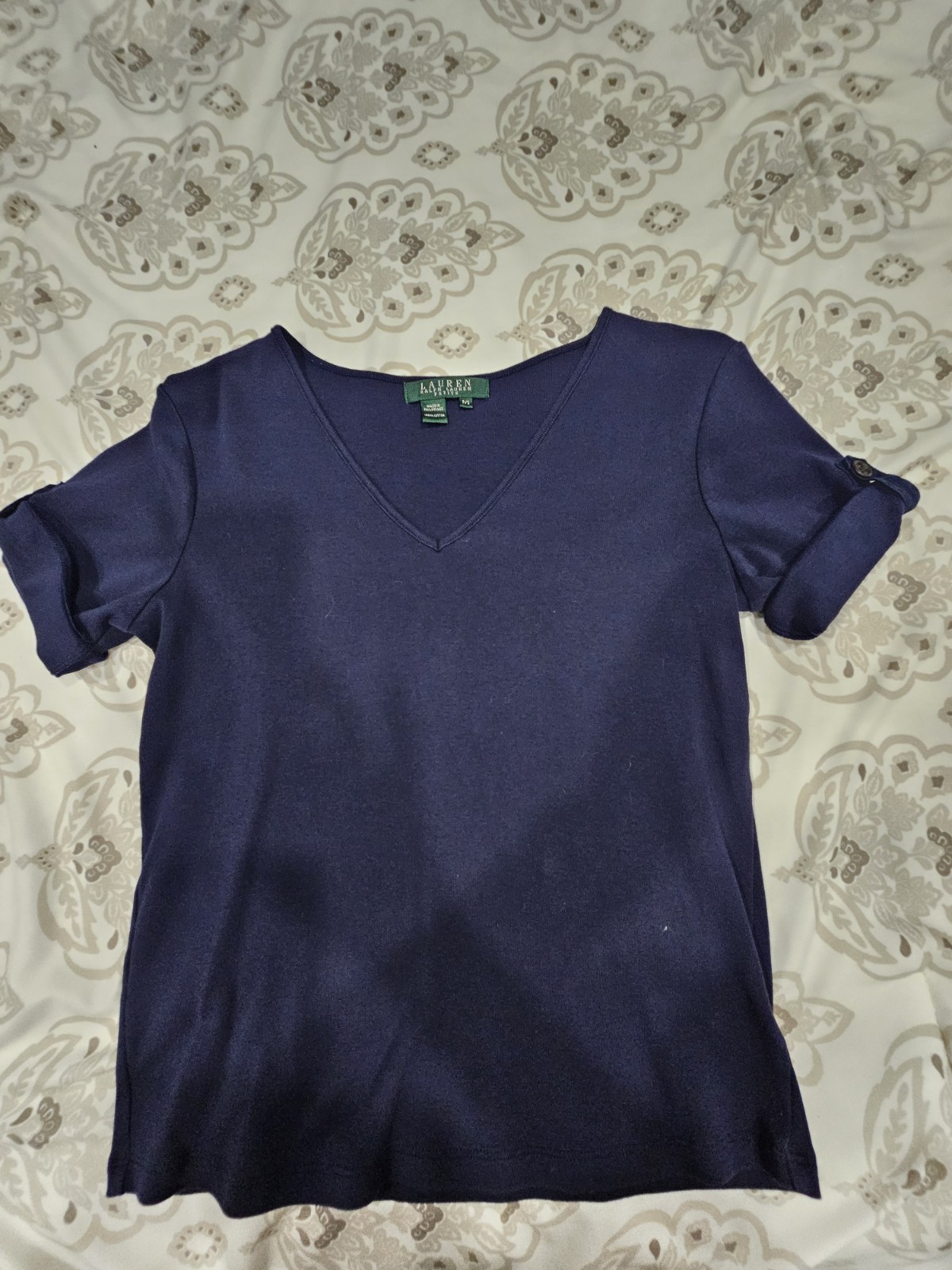 Lauren Ralph Lauren Women’s Navy Cotton Knit V-Neck T-Shirt Petite P/S