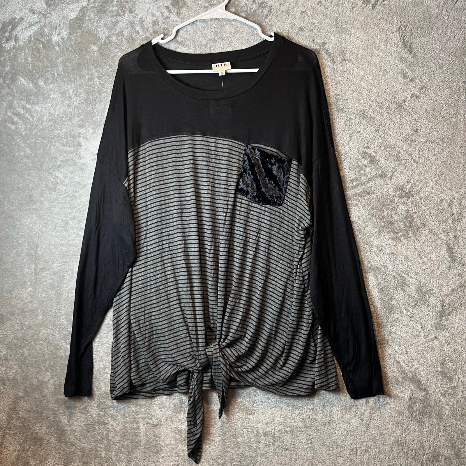 H.I.P Black Gray Striped Long Sleeve Tie Front Top Velvet Pocket Size 1X New