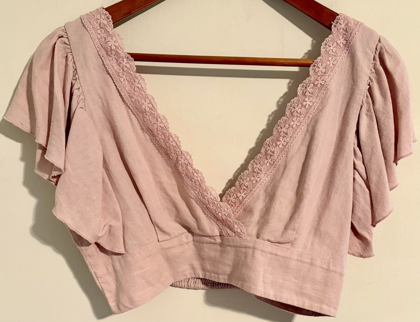 New Love Tree Blouse Women’s Sz Large Cap Sleeve Cropped Top V Neck Boho Fairy