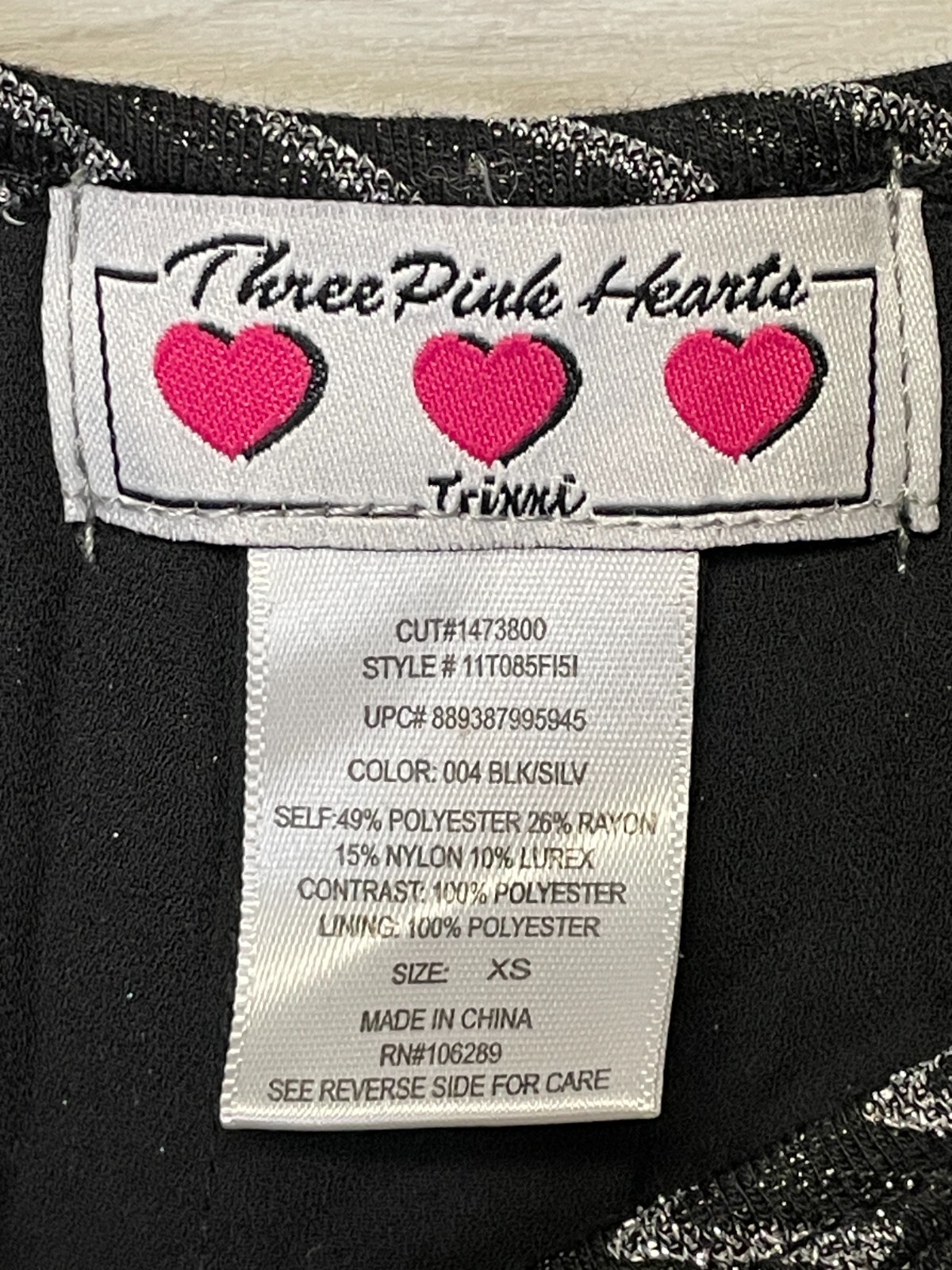 Three Pink Hearts Top XS Womens Black Silver Long Sleeve Lined Blouse