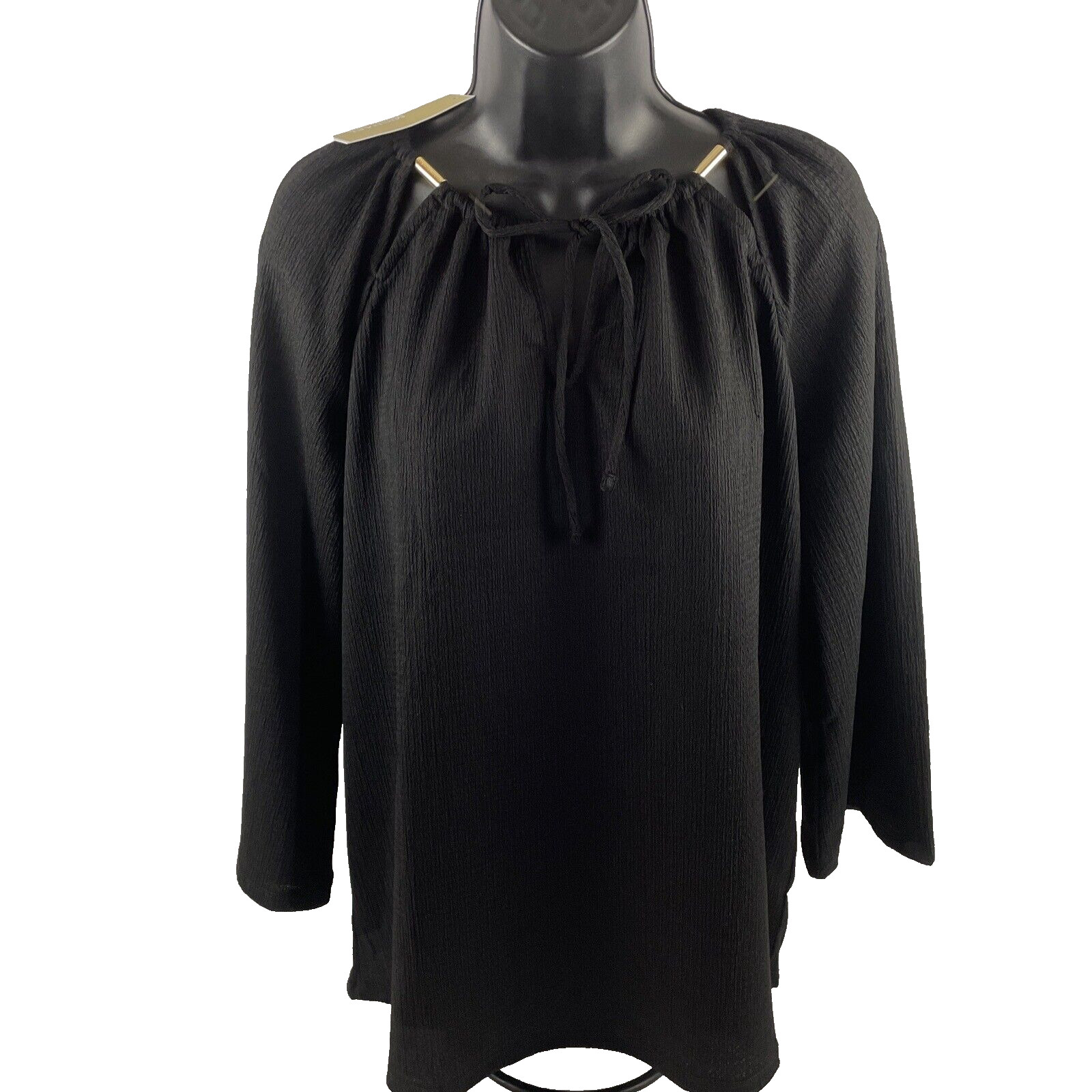 Michael Kors Women’s Shirt M Peasant Top Blouse Black Goldtone Charm $110 NWT