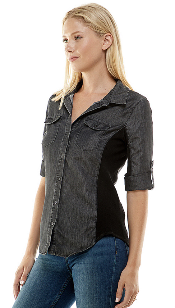 Women Junior shirt top Dark Wash Black Cotton button down stretch Ci Soon TP168