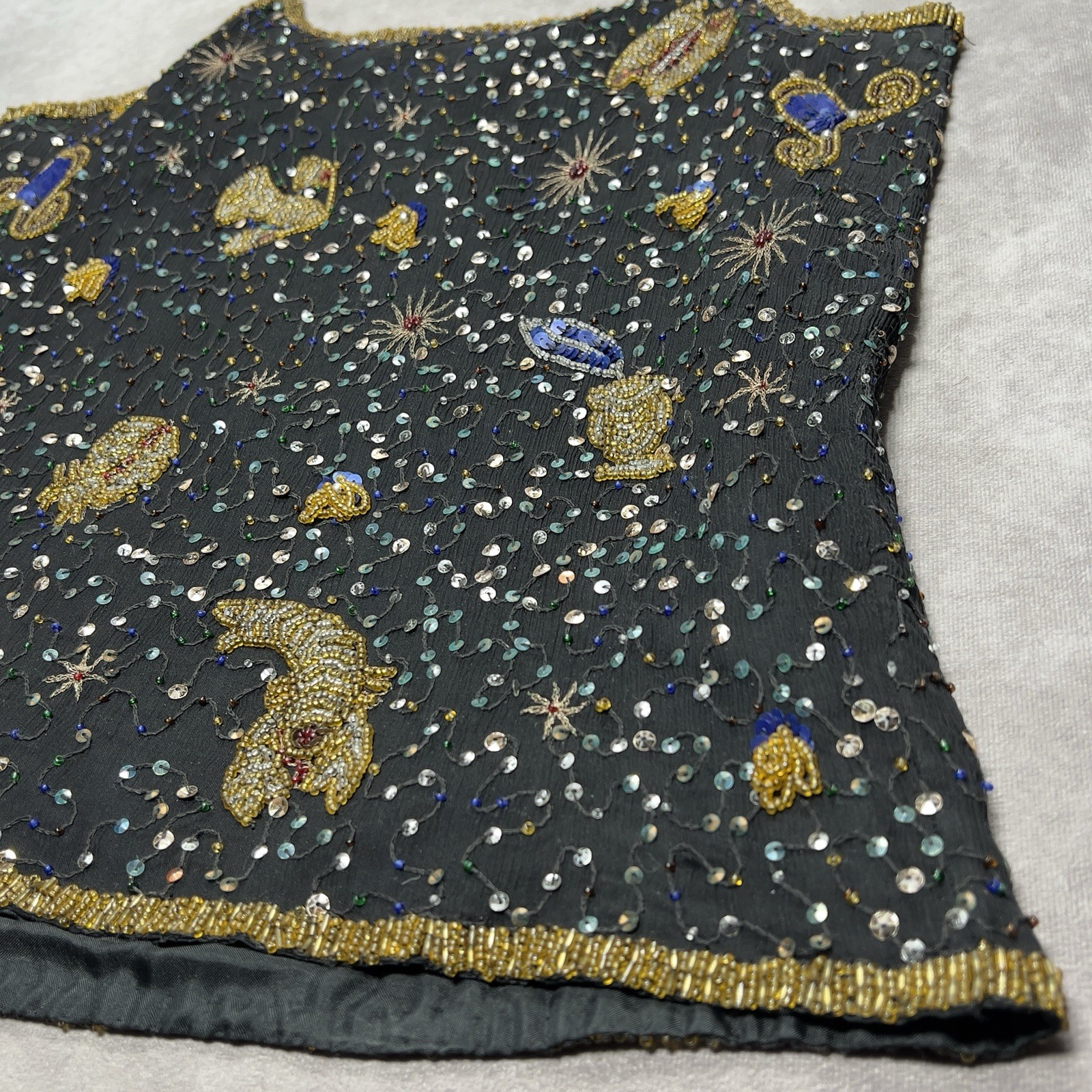 VTG Astrology Silk Beaded Sequin Top Womens M Zodiac Celestial Horoscope Whimsy