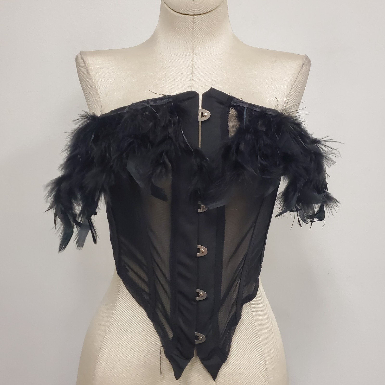 Feather Black Corset Top Size M Glam Art to Wear Avante Garde Witchy Cosplay