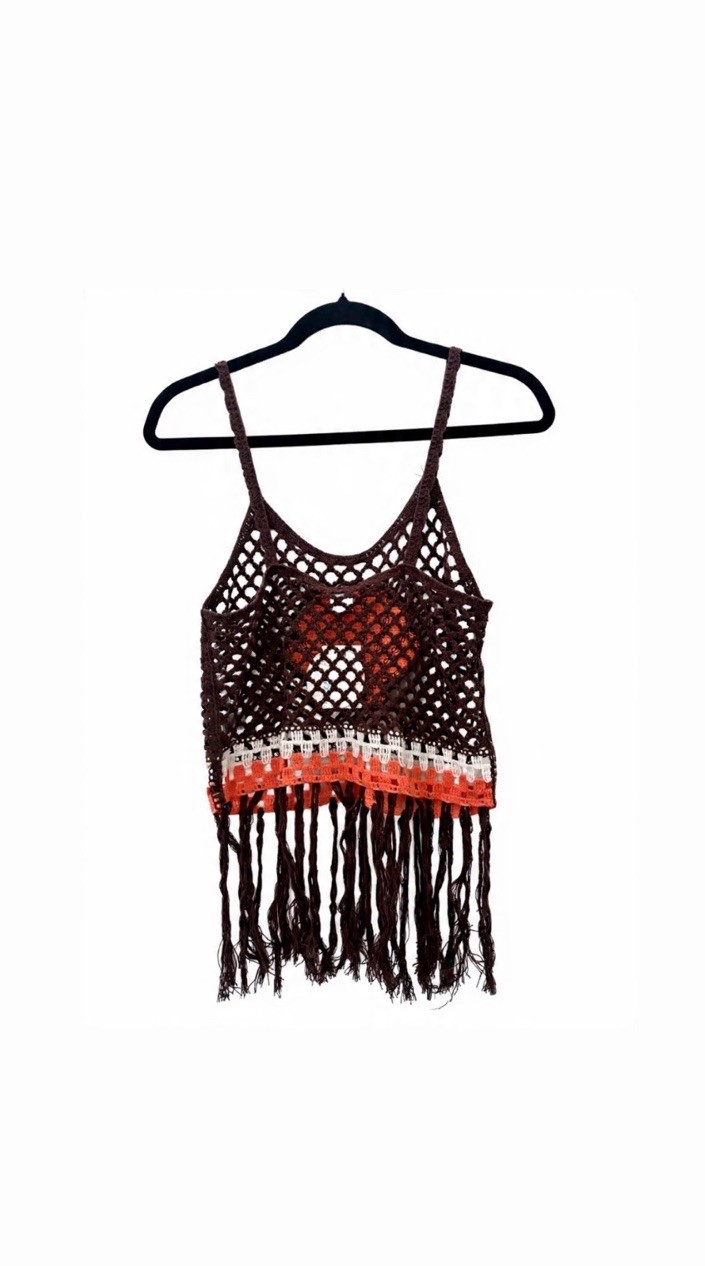 FCT SUN WOMEN REGULAR CROCHET FRINGE SHELL TANK BROWN ORANGE WHITE TOP