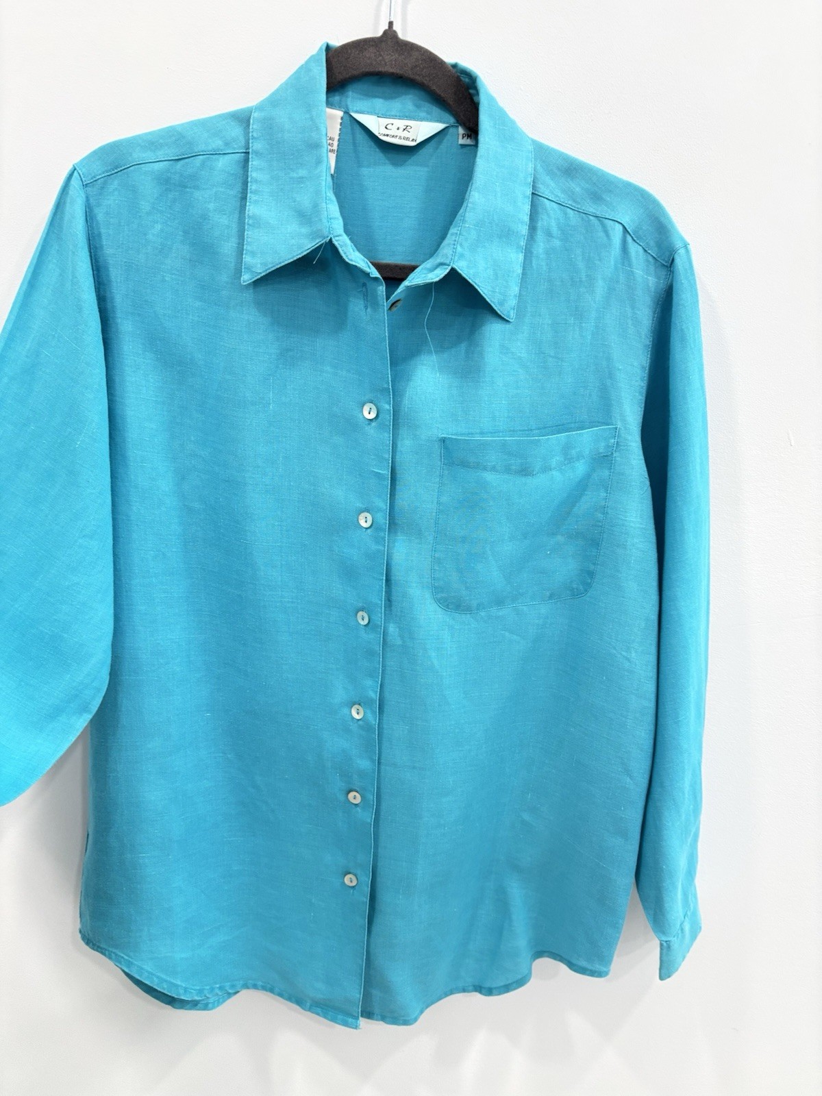 C+R Comfort Relax Women 100% Linen Button Front Shirt Petite M Teal Nautical