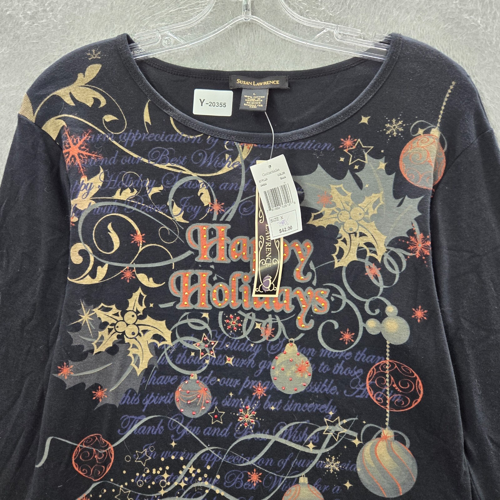 Susan Lawrence Women Top Large Black Shirt Happy Holidays Studded Christmas NWT